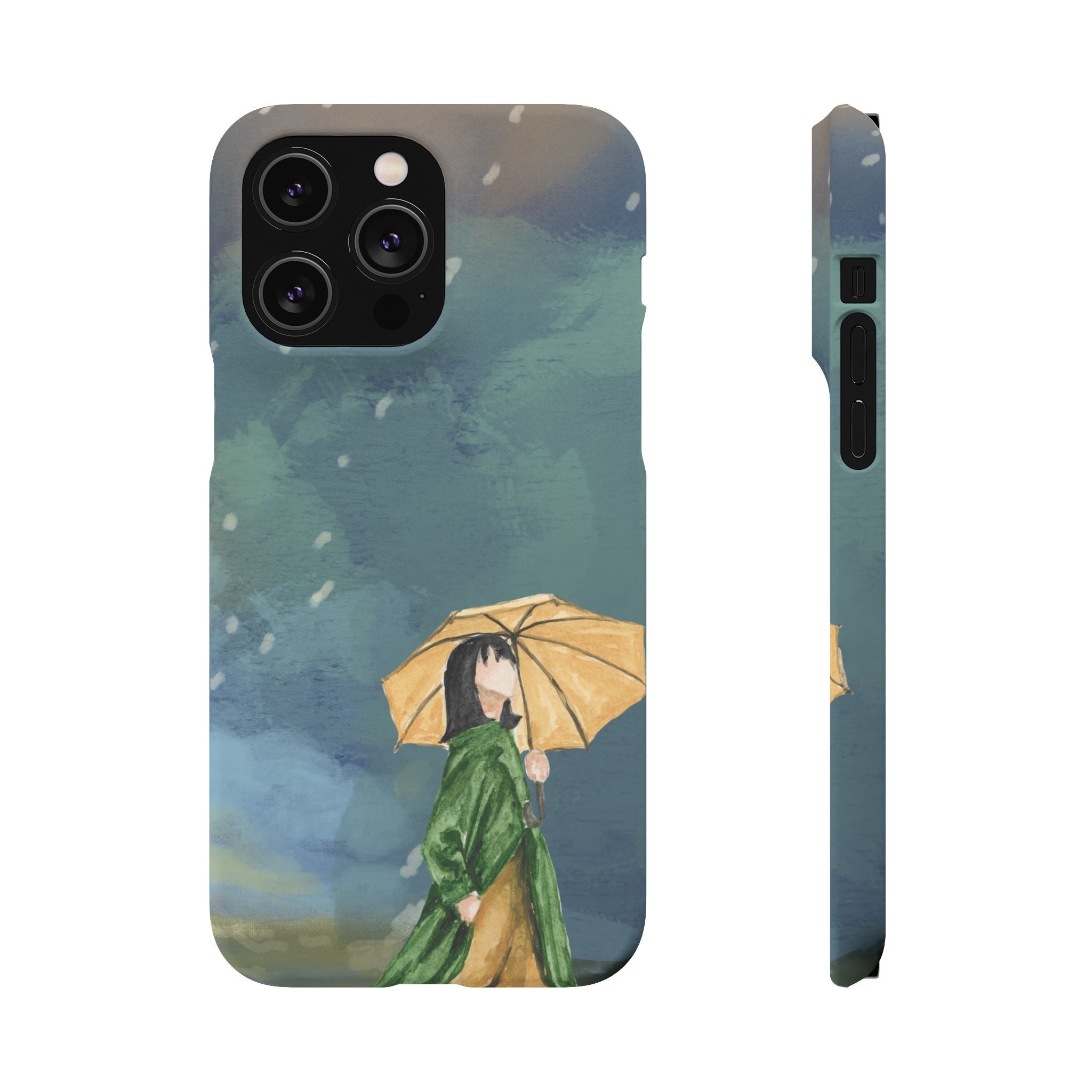 Artistic Rainfall Phone Case – Woman with Umbrella Design