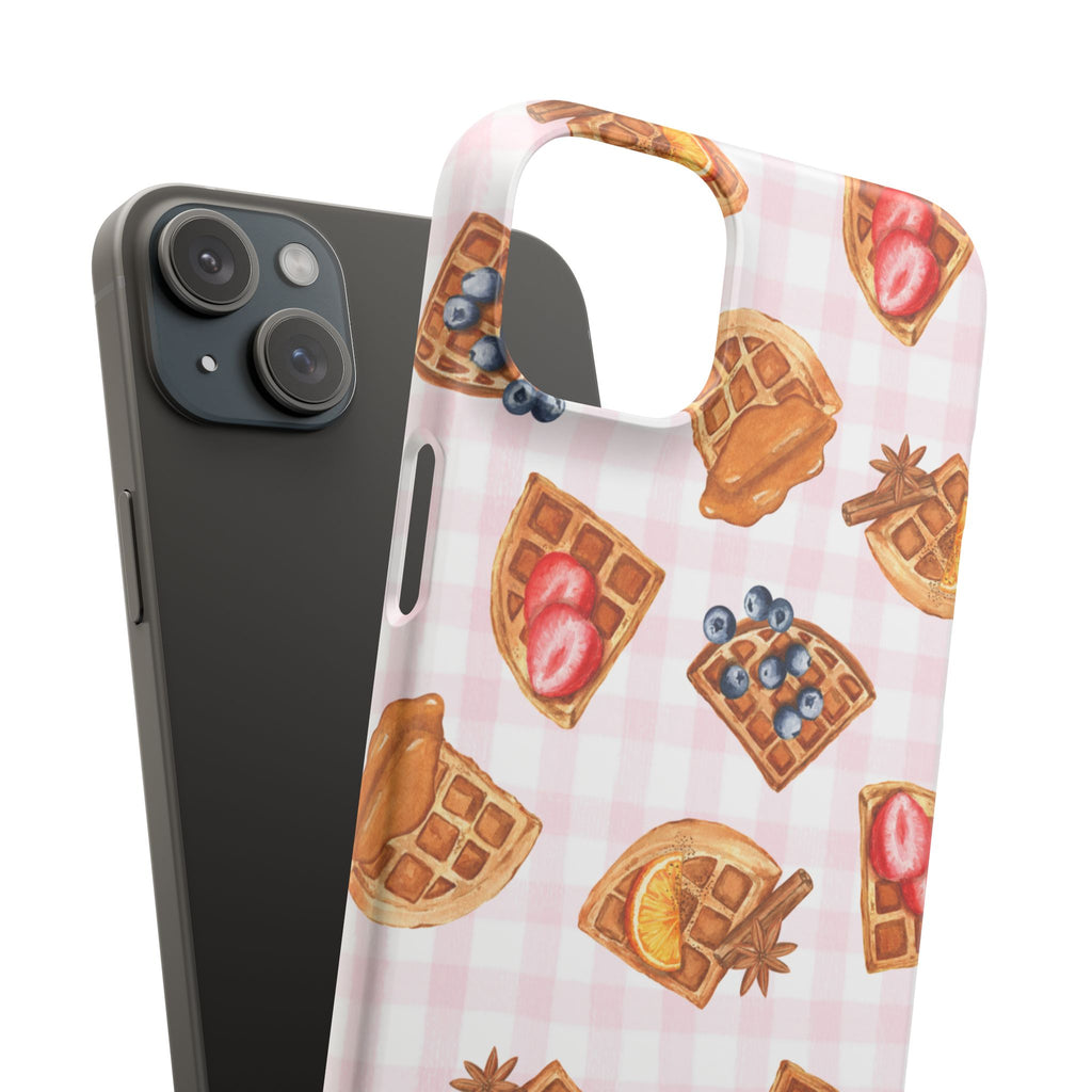 Waffle Picnic Phone Case — Cute Strawberry & Blueberry Waffles on Pink Gingham Snap Case