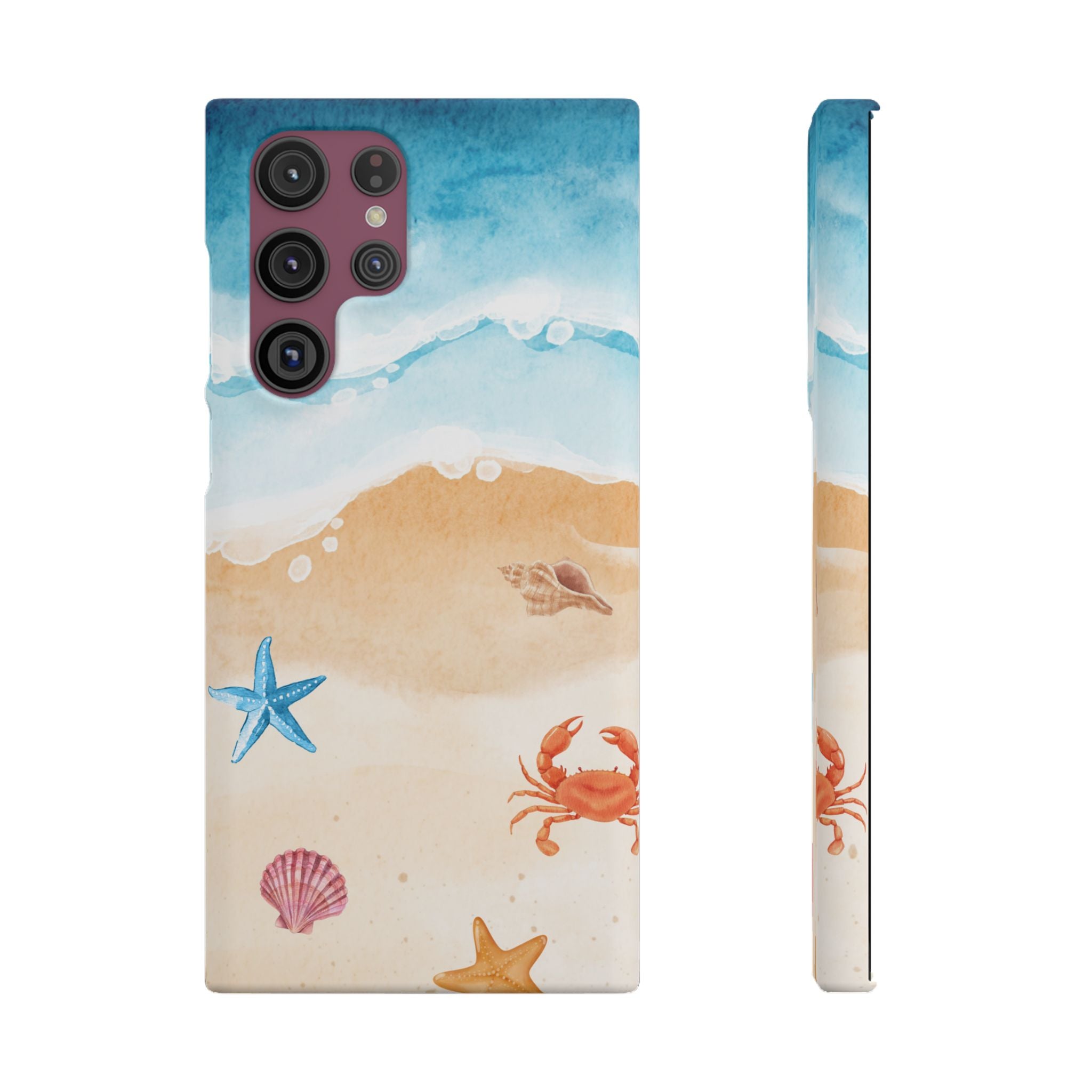 Beach Scene Phone Case — Watercolor Sand, Seashells & Crabs