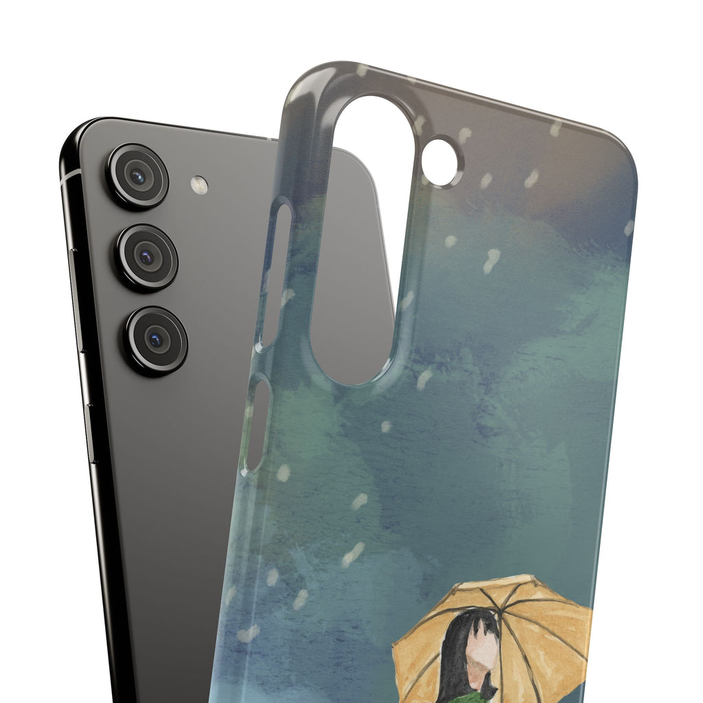Artistic Rainfall Phone Case – Woman with Umbrella Design