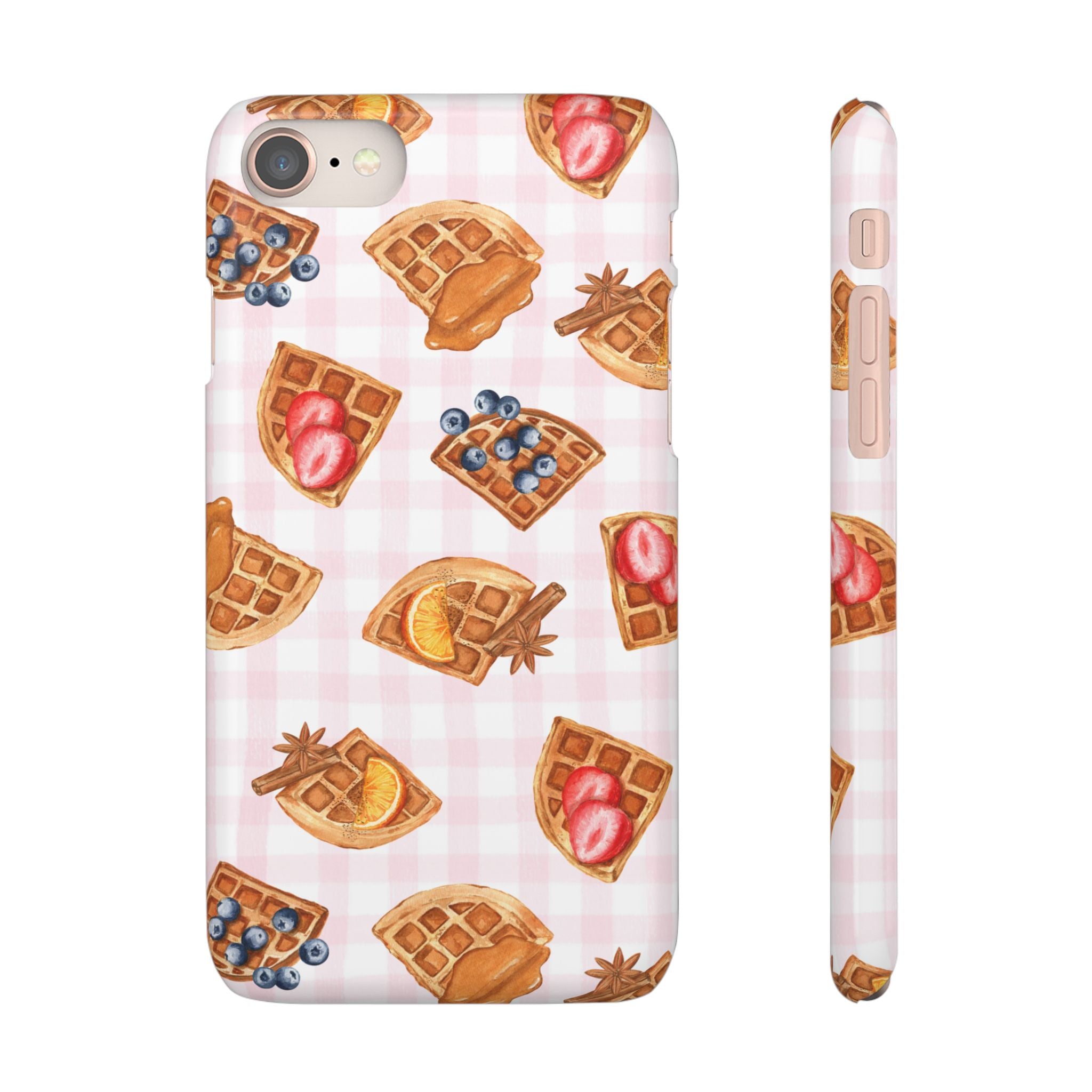 Waffle Picnic Phone Case — Cute Strawberry & Blueberry Waffles on Pink Gingham Snap Case