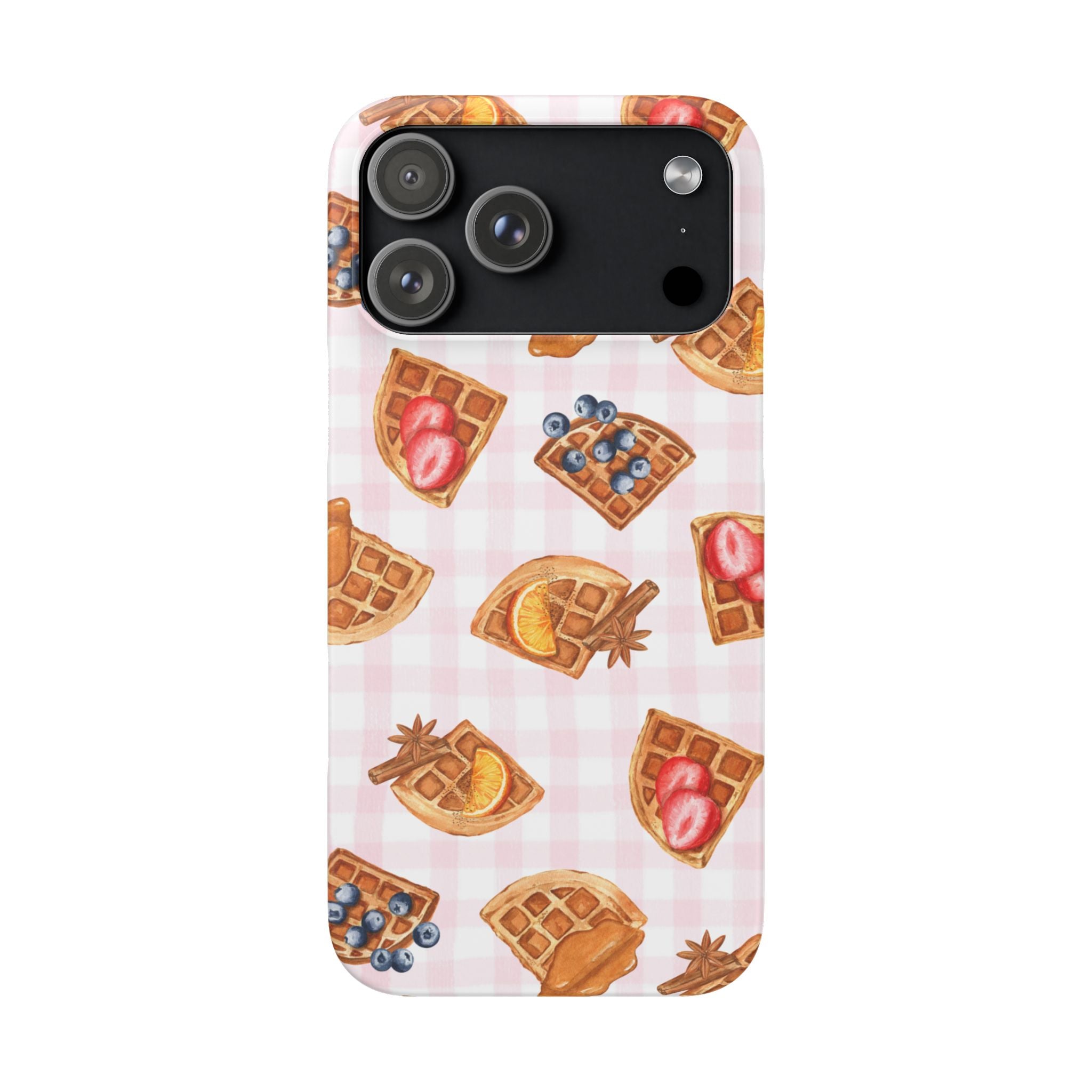 Waffle Picnic Phone Case — Cute Strawberry & Blueberry Waffles on Pink Gingham Snap Case