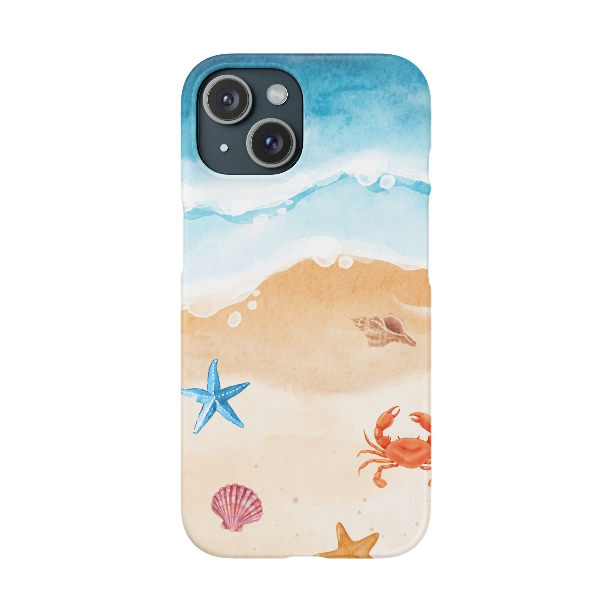 Beach Scene Phone Case — Watercolor Sand, Seashells & Crabs