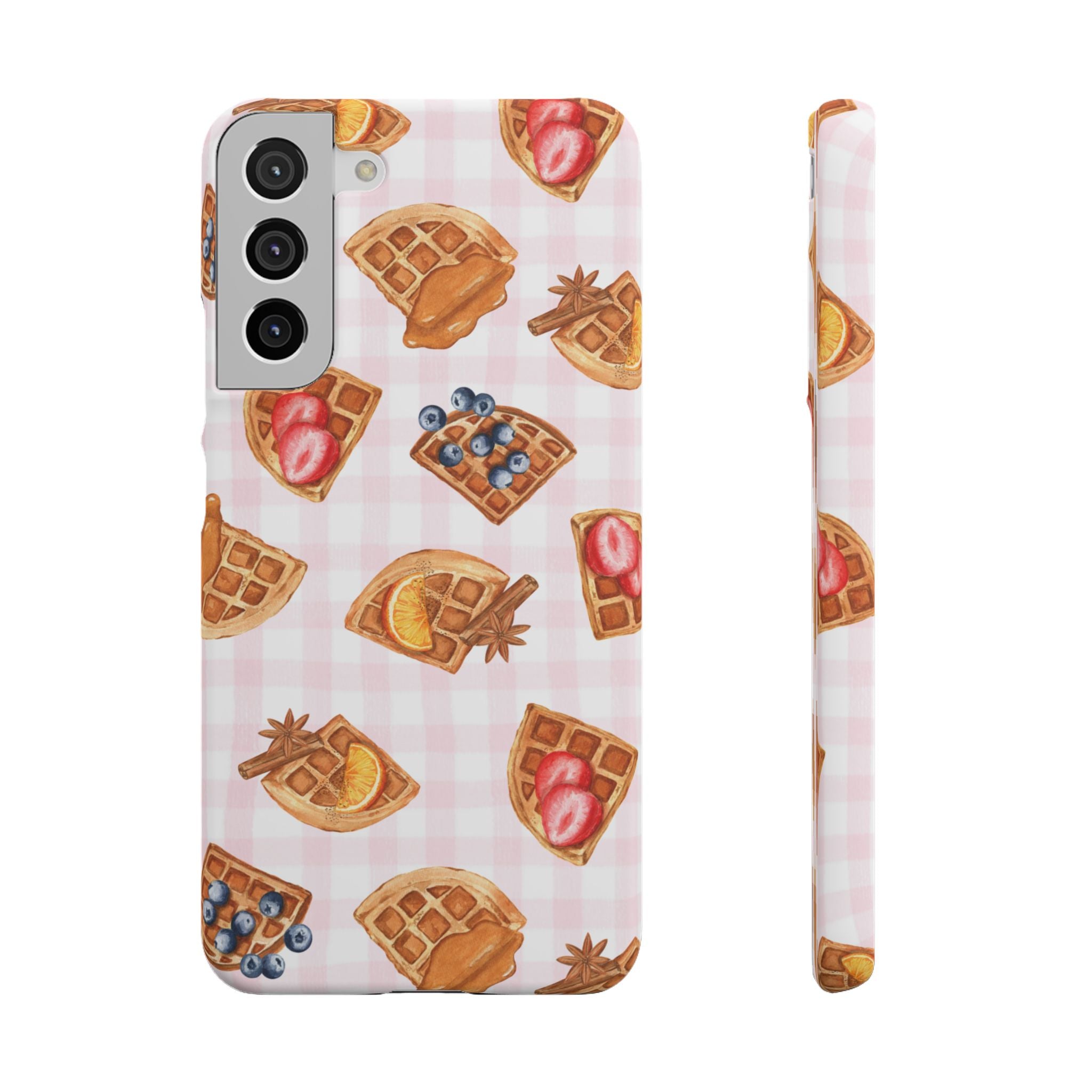Waffle Picnic Phone Case — Cute Strawberry & Blueberry Waffles on Pink Gingham Snap Case
