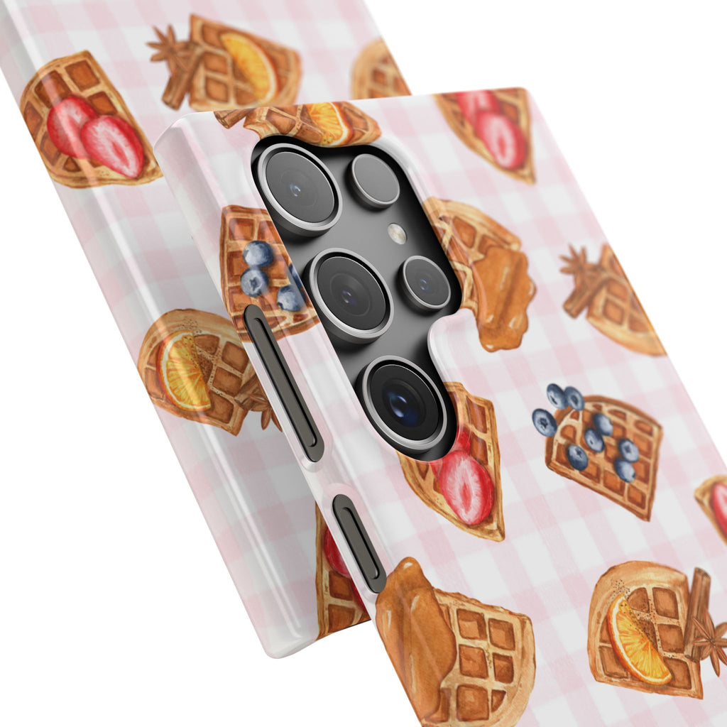 Waffle Picnic Phone Case — Cute Strawberry & Blueberry Waffles on Pink Gingham Snap Case