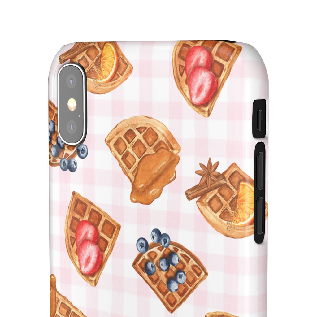 Waffle Picnic Phone Case — Cute Strawberry & Blueberry Waffles on Pink Gingham Snap Case