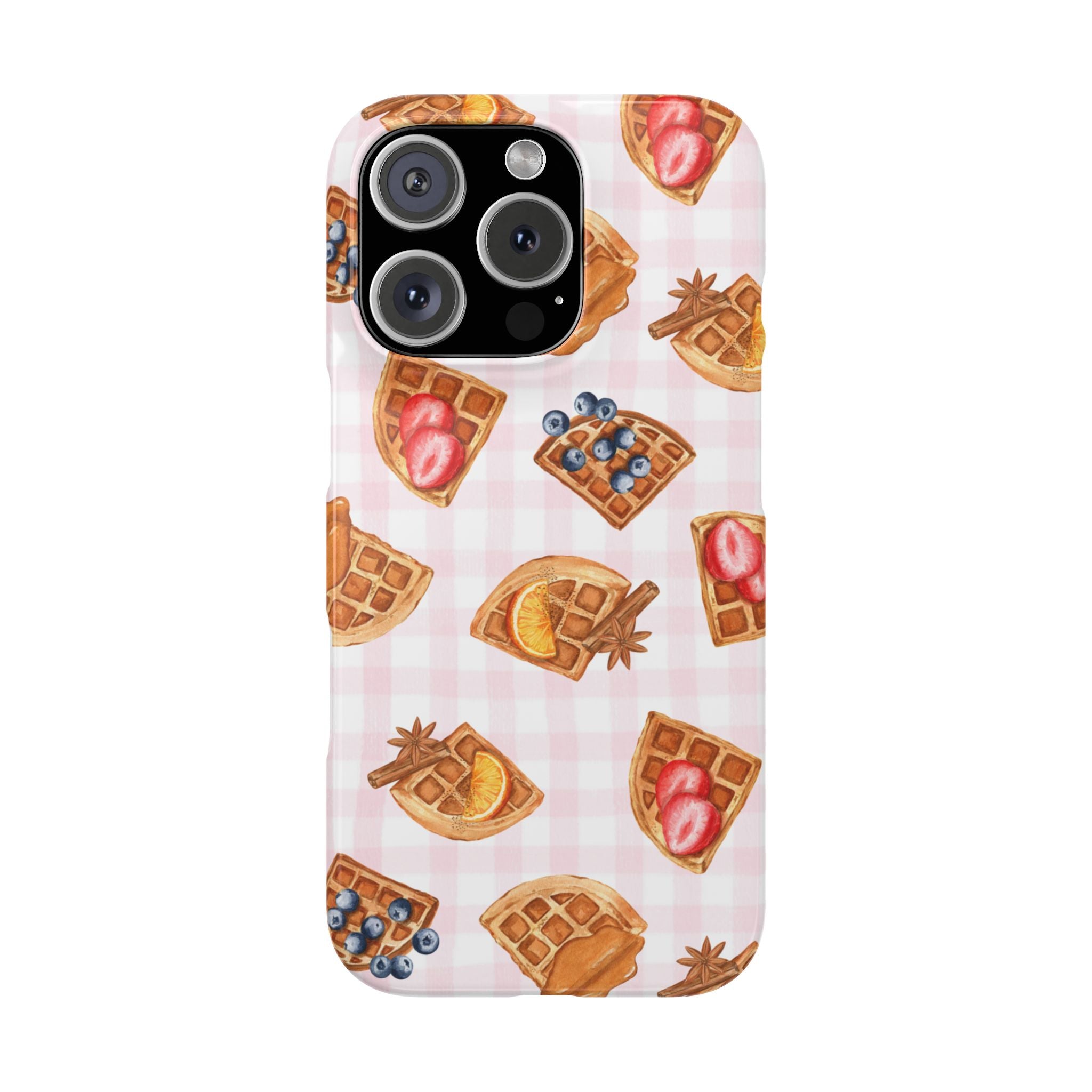 Waffle Picnic Phone Case — Cute Strawberry & Blueberry Waffles on Pink Gingham Snap Case