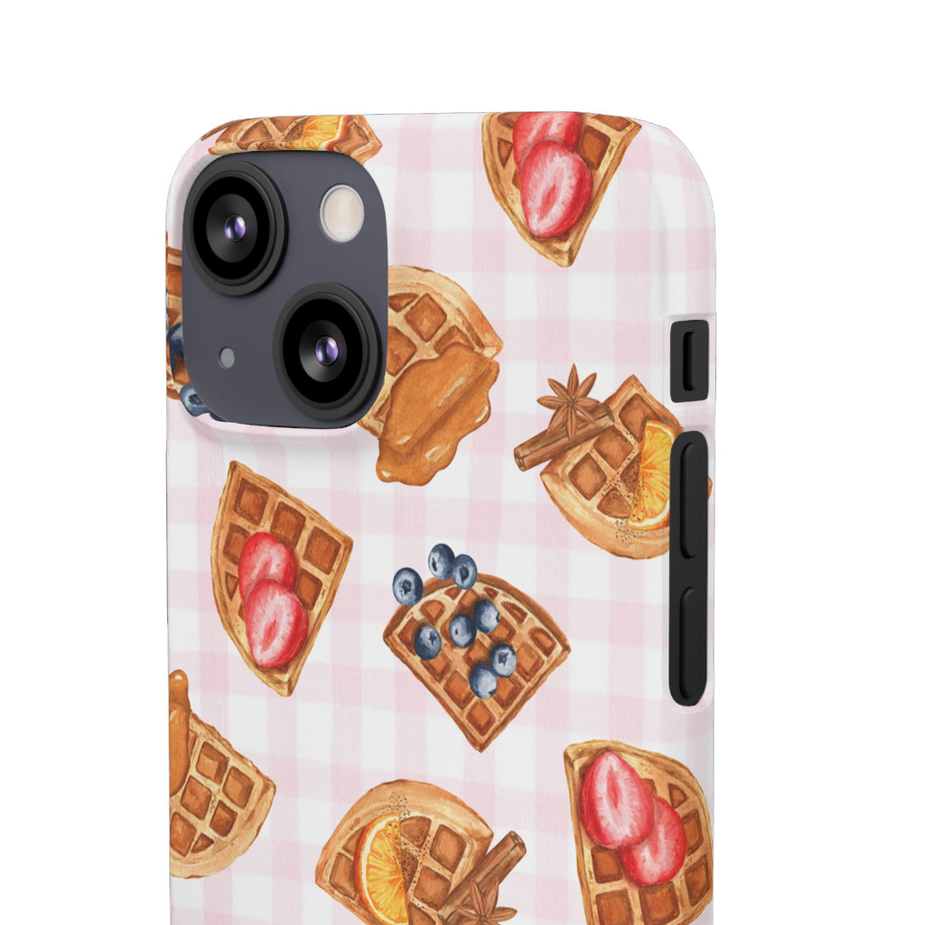 Waffle Picnic Phone Case — Cute Strawberry & Blueberry Waffles on Pink Gingham Snap Case