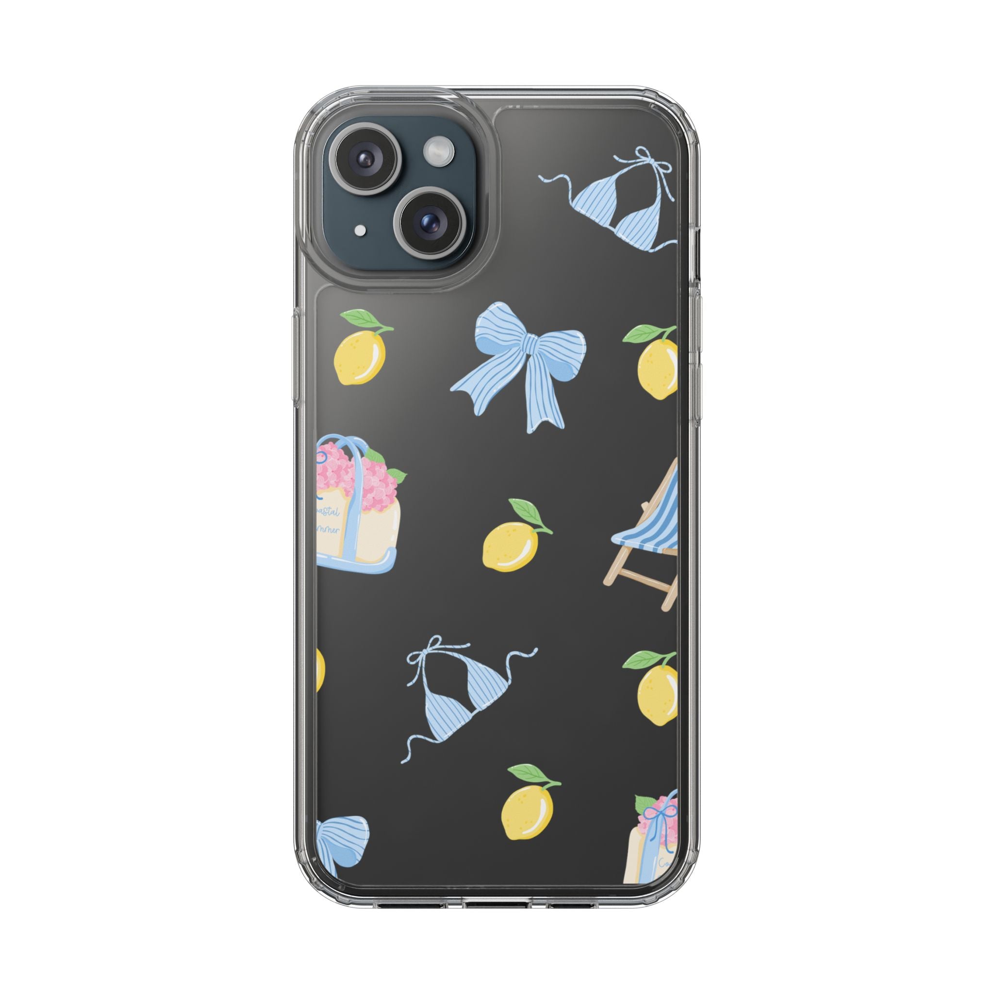 Clear Phone Case — Summer Lemon & Bow Pattern (bikini, beach chair, cake)