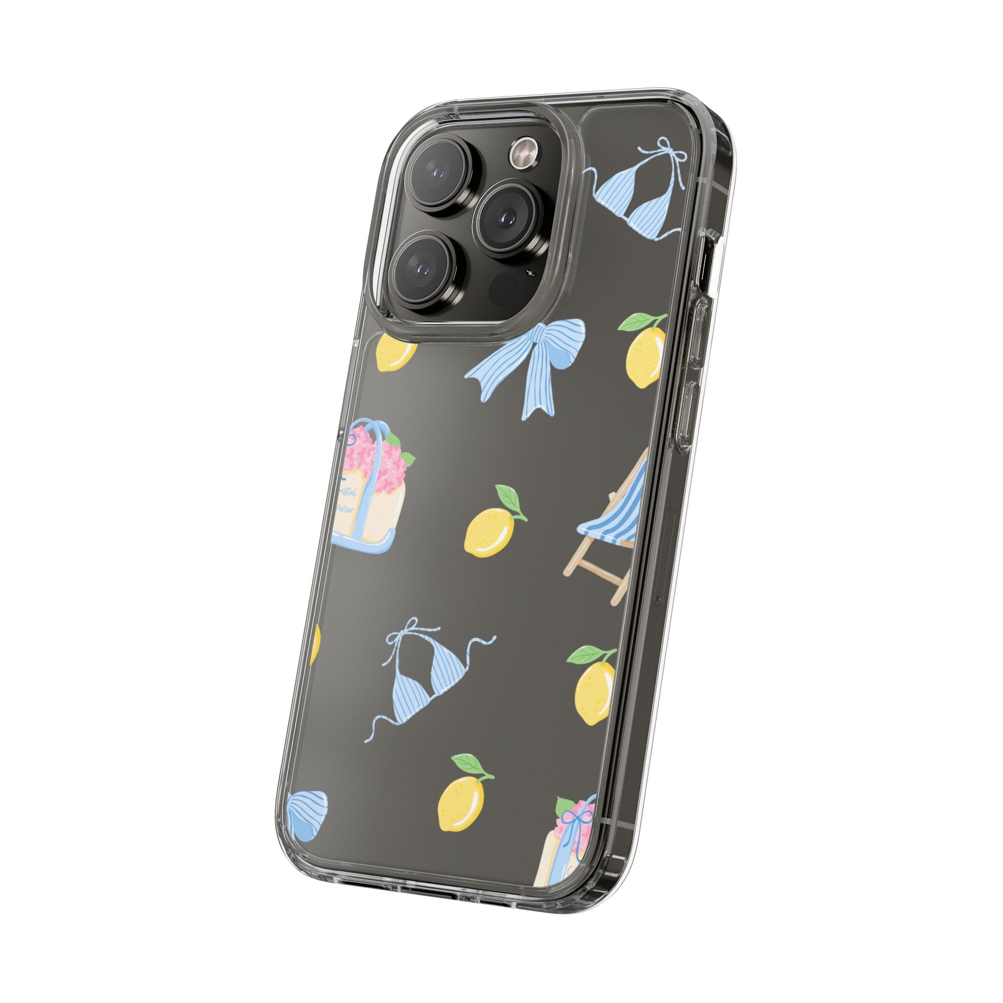 Clear Phone Case — Summer Lemon & Bow Pattern (bikini, beach chair, cake)