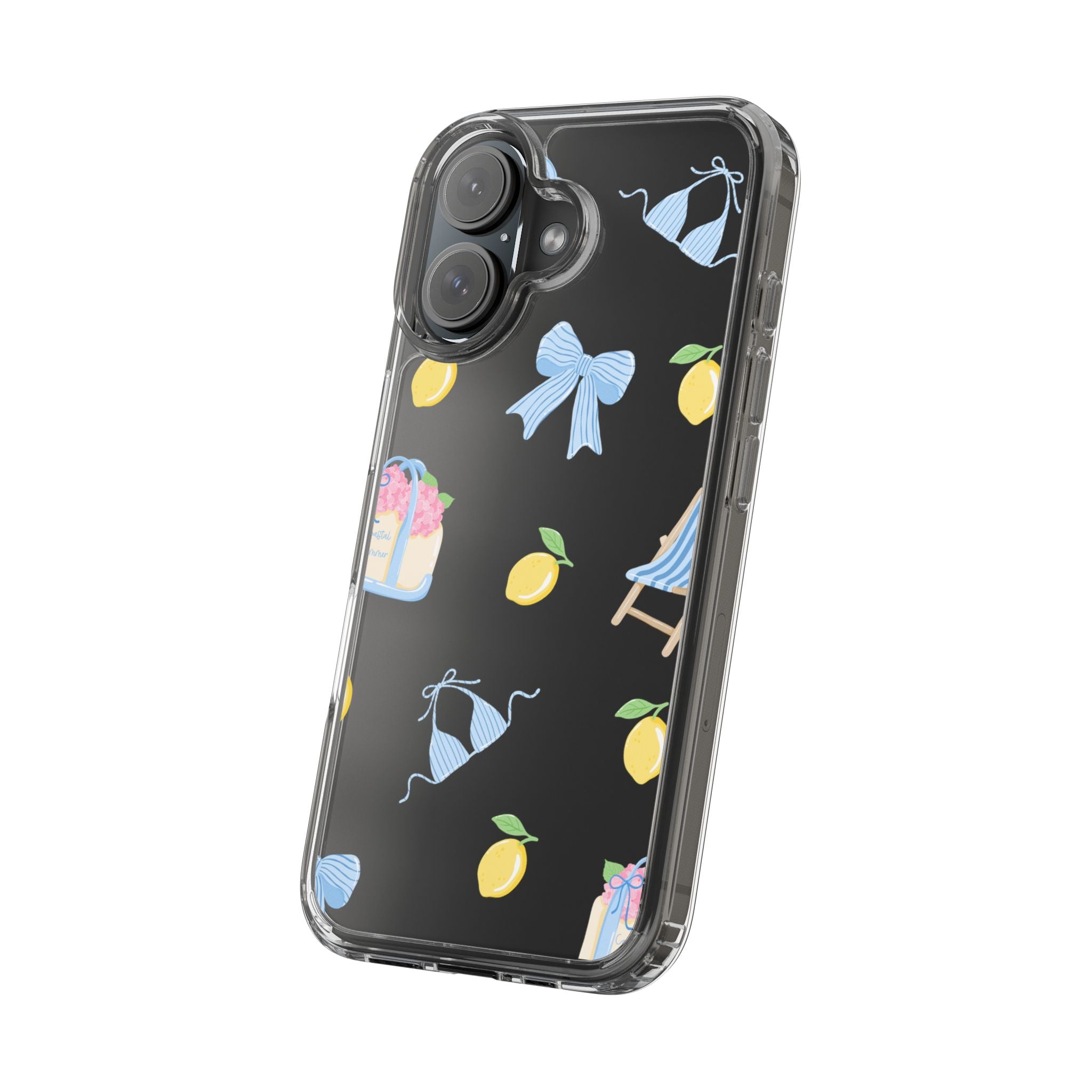 Clear Phone Case — Summer Lemon & Bow Pattern (bikini, beach chair, cake)