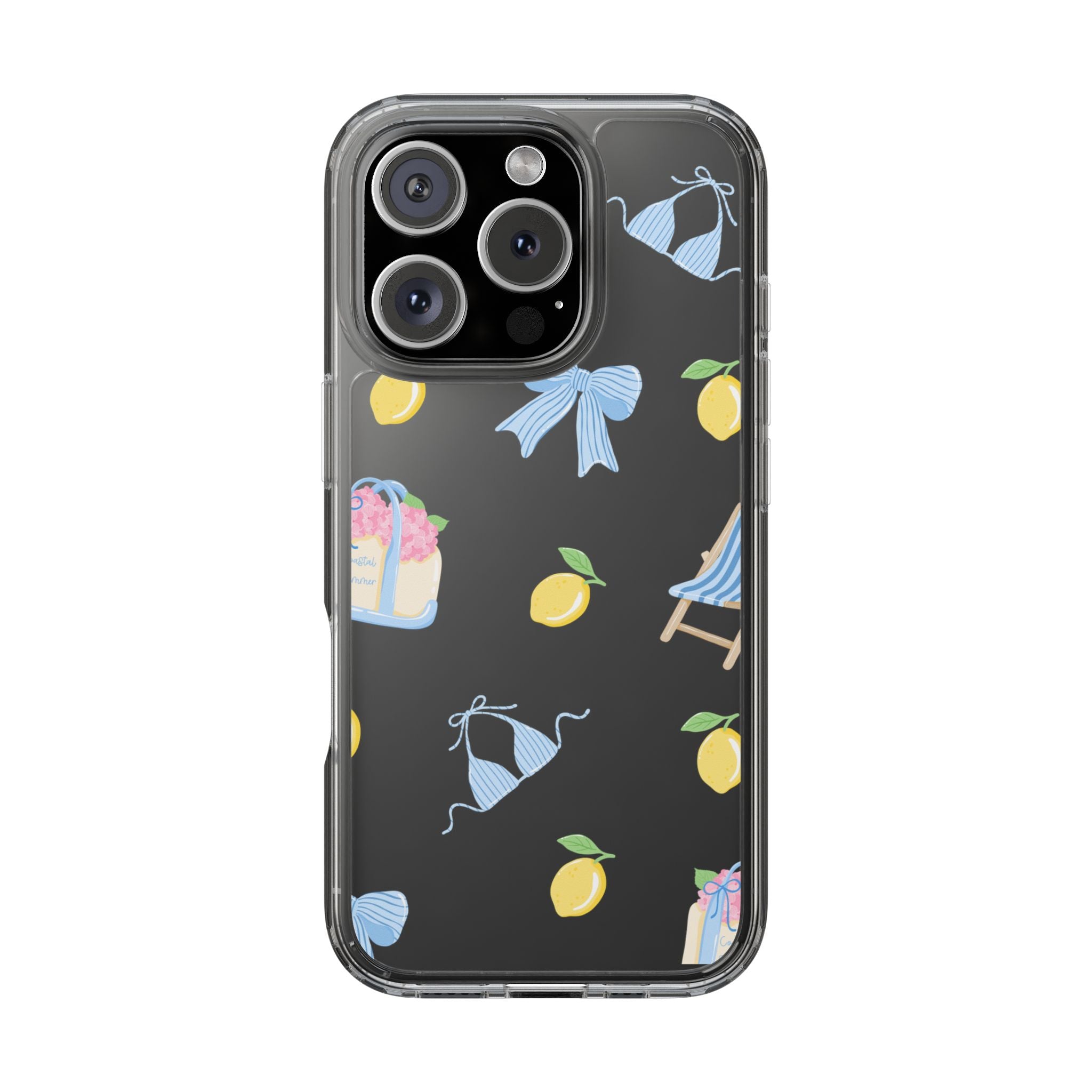 Clear Phone Case — Summer Lemon & Bow Pattern (bikini, beach chair, cake)