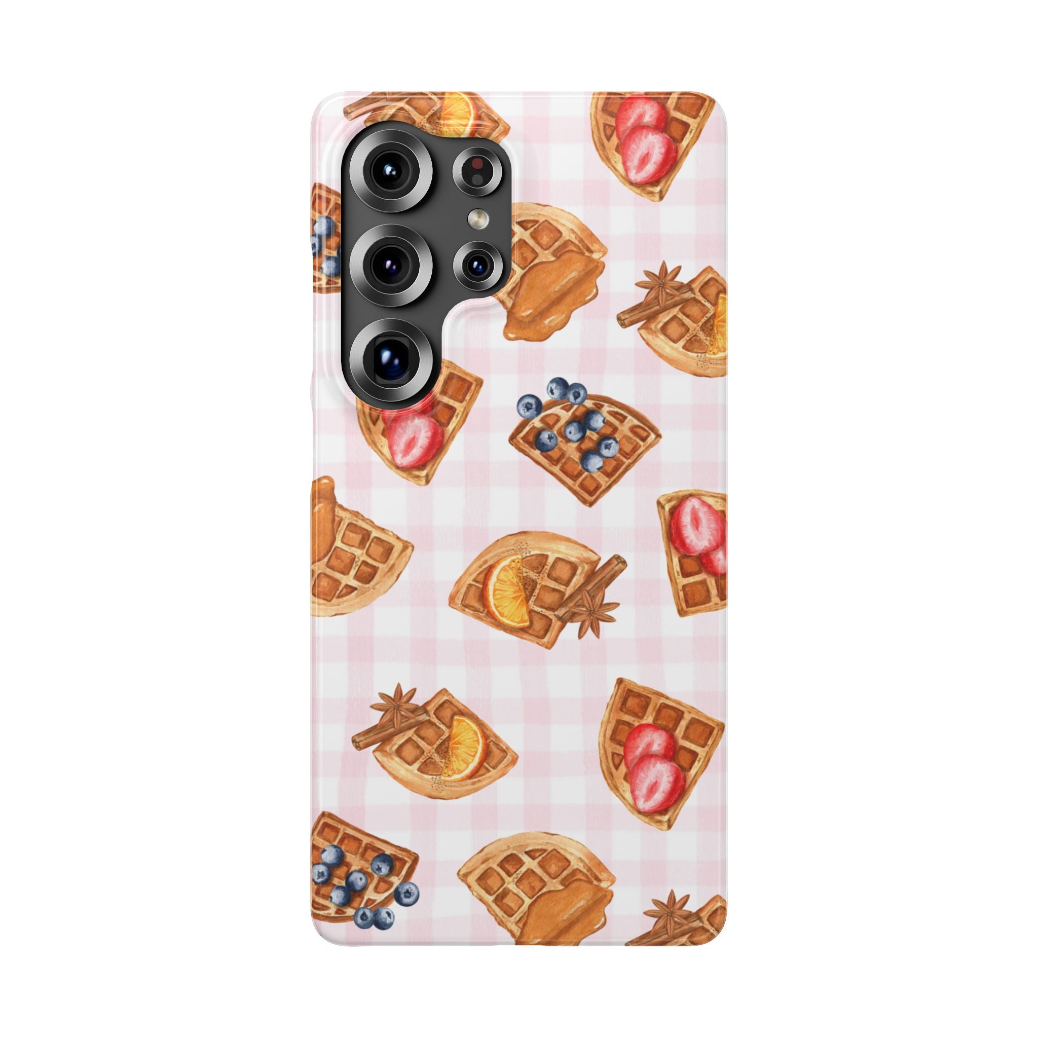 Waffle Picnic Phone Case — Cute Strawberry & Blueberry Waffles on Pink Gingham Snap Case