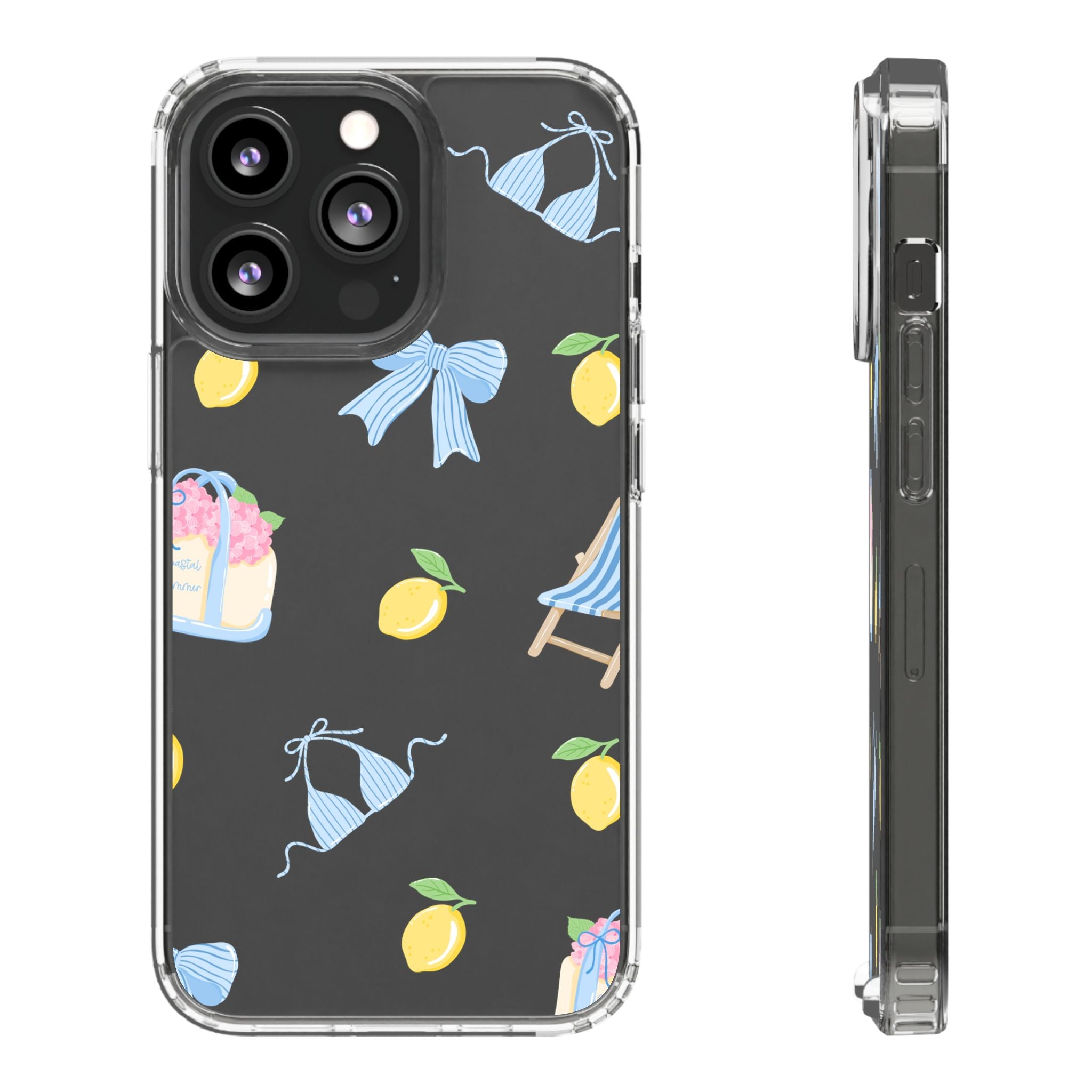 Clear Phone Case — Summer Lemon & Bow Pattern (bikini, beach chair, cake)