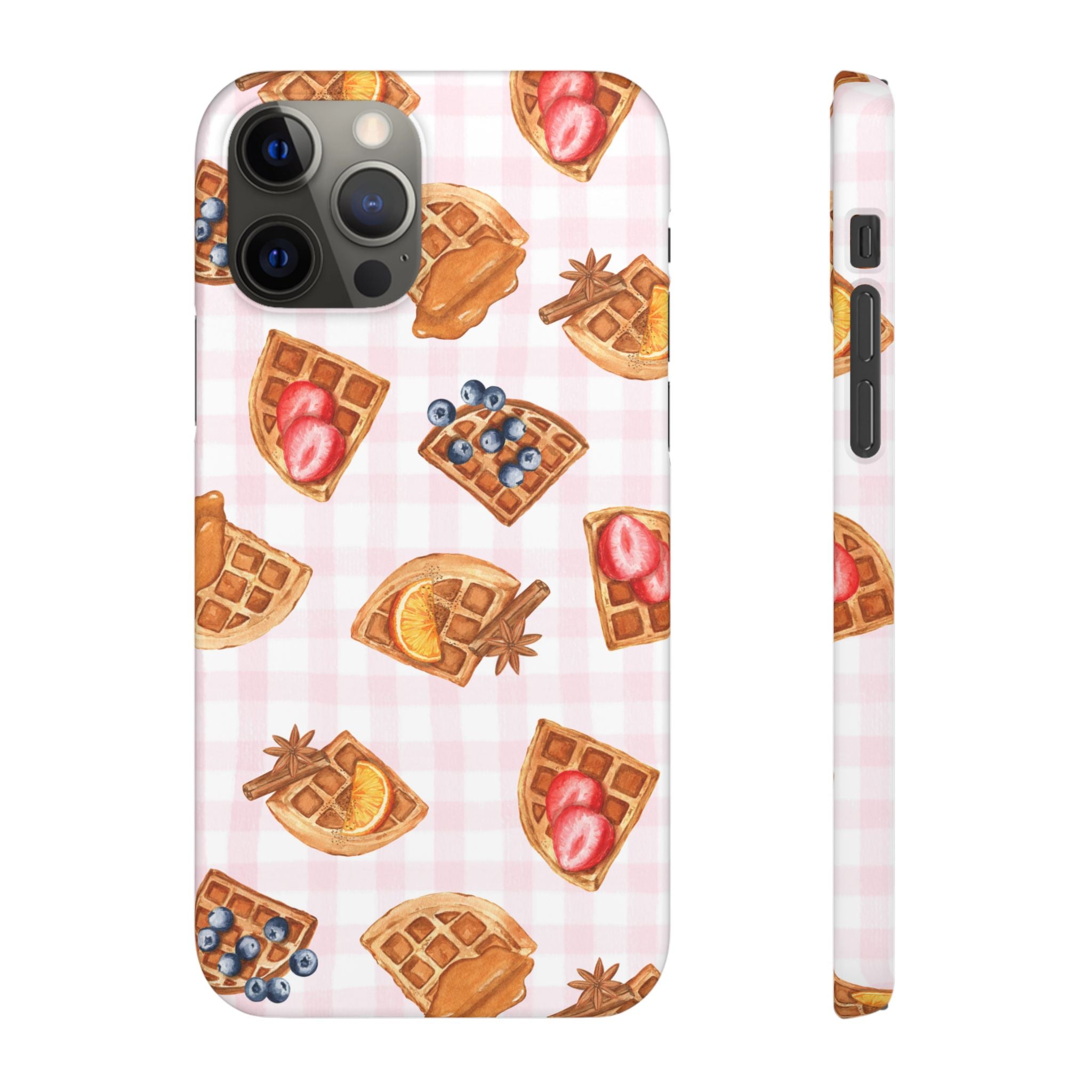 Waffle Picnic Phone Case — Cute Strawberry & Blueberry Waffles on Pink Gingham Snap Case