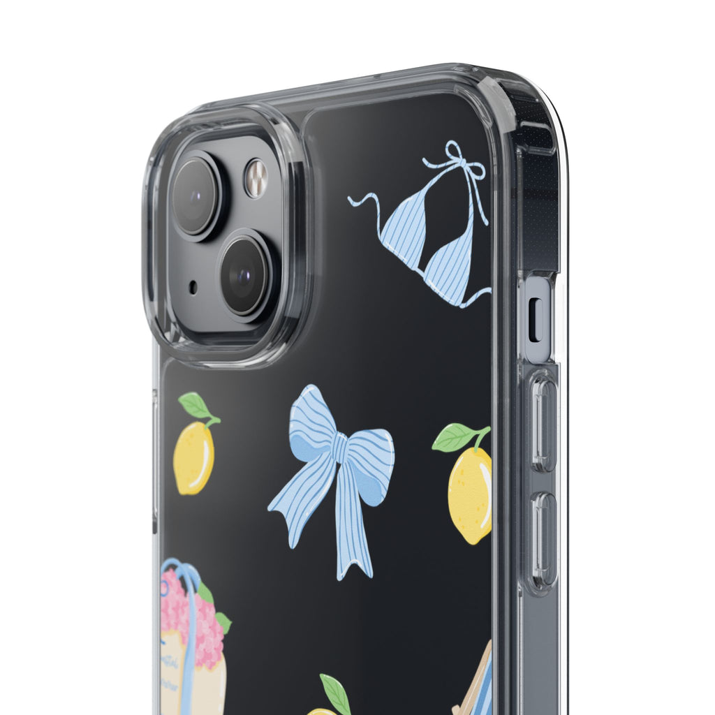 Clear Phone Case — Summer Lemon & Bow Pattern (bikini, beach chair, cake)