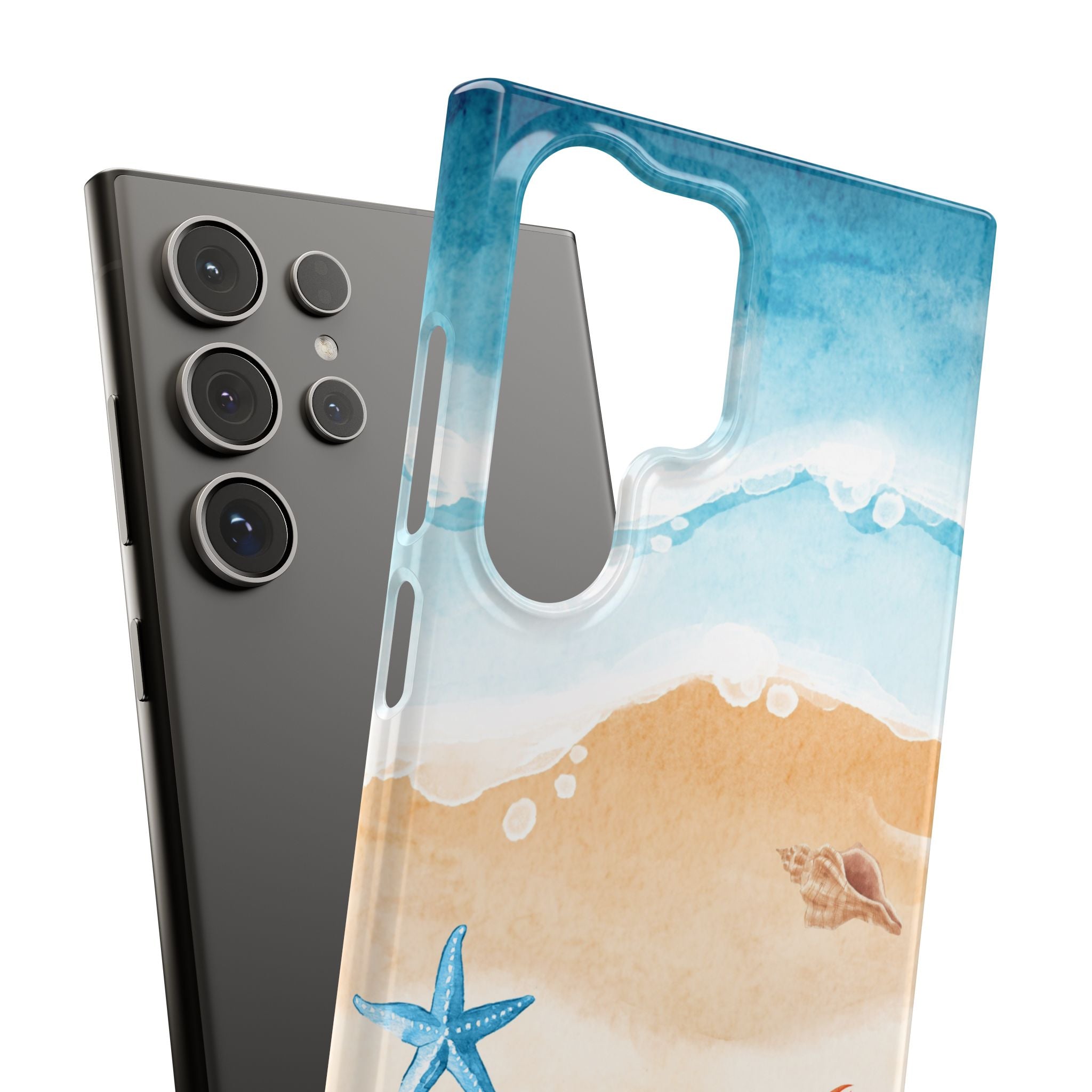 Beach Scene Phone Case — Watercolor Sand, Seashells & Crabs