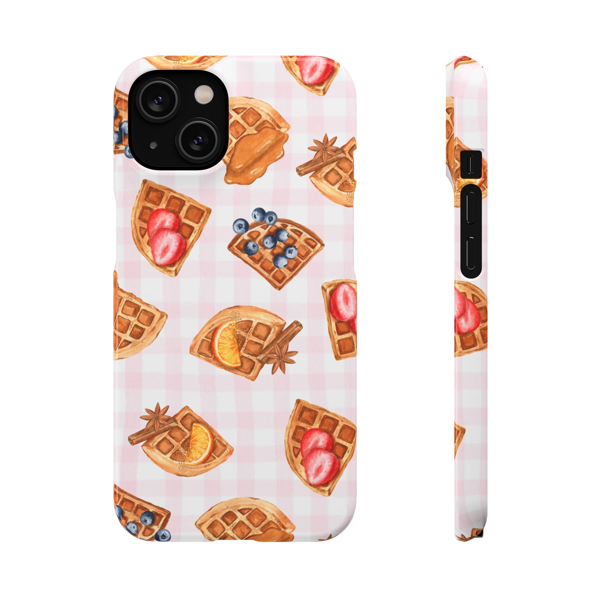 Waffle Picnic Phone Case — Cute Strawberry & Blueberry Waffles on Pink Gingham Snap Case