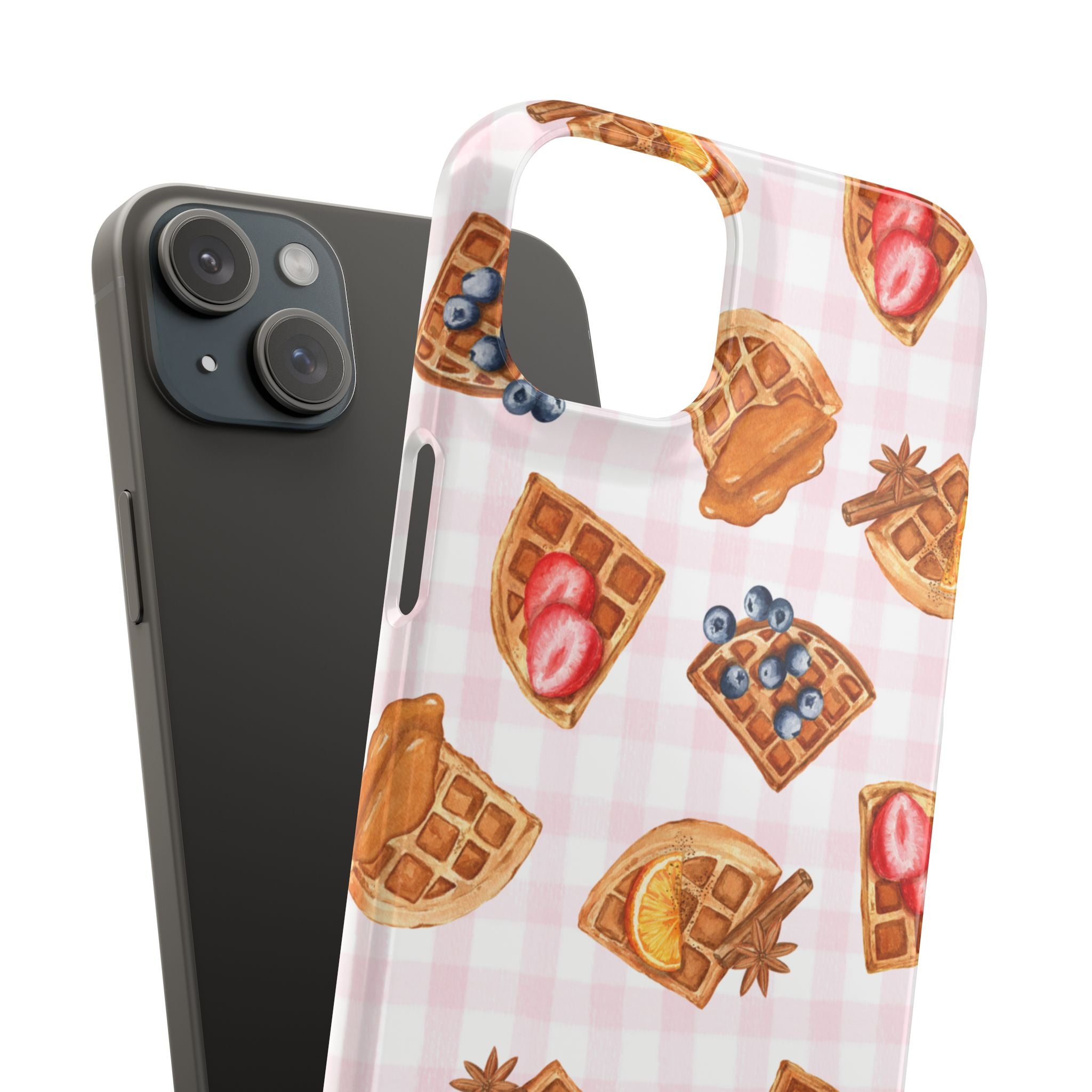 Waffle Picnic Phone Case — Cute Strawberry & Blueberry Waffles on Pink Gingham Snap Case