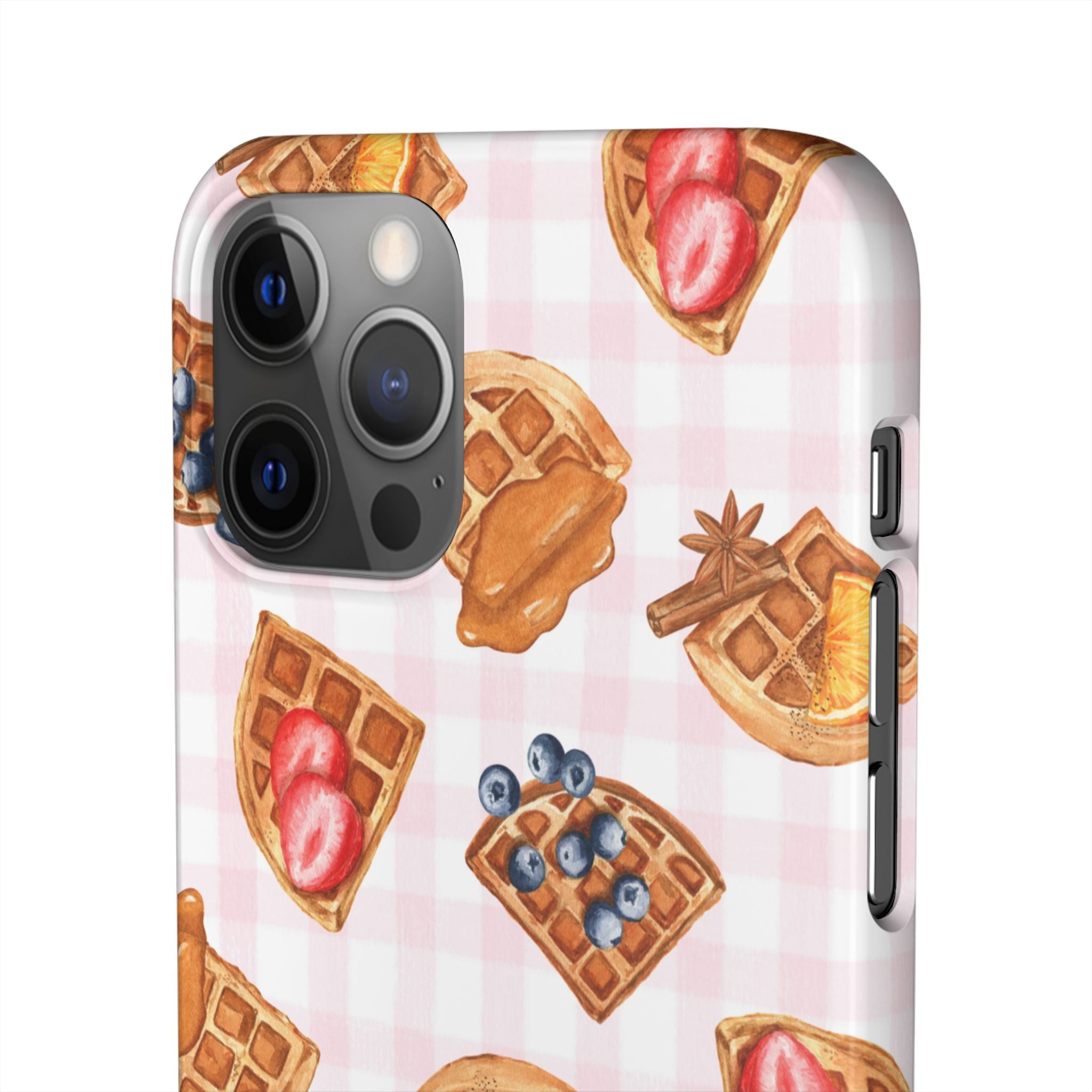 Waffle Picnic Phone Case — Cute Strawberry & Blueberry Waffles on Pink Gingham Snap Case