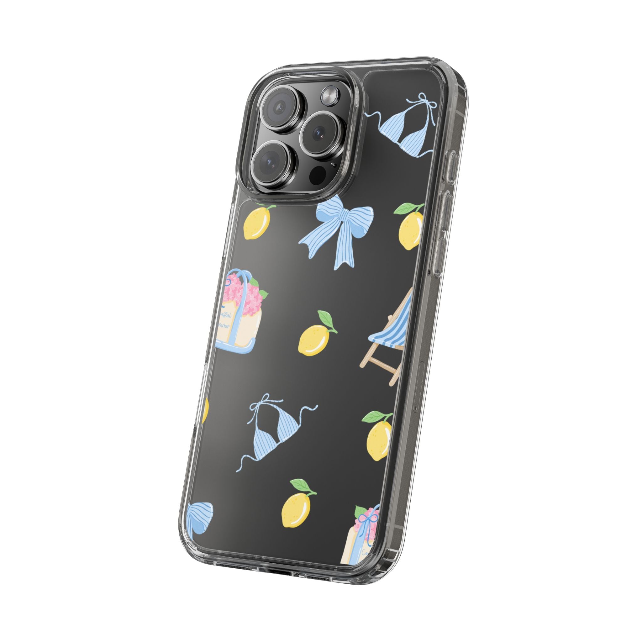 Clear Phone Case — Summer Lemon & Bow Pattern (bikini, beach chair, cake)