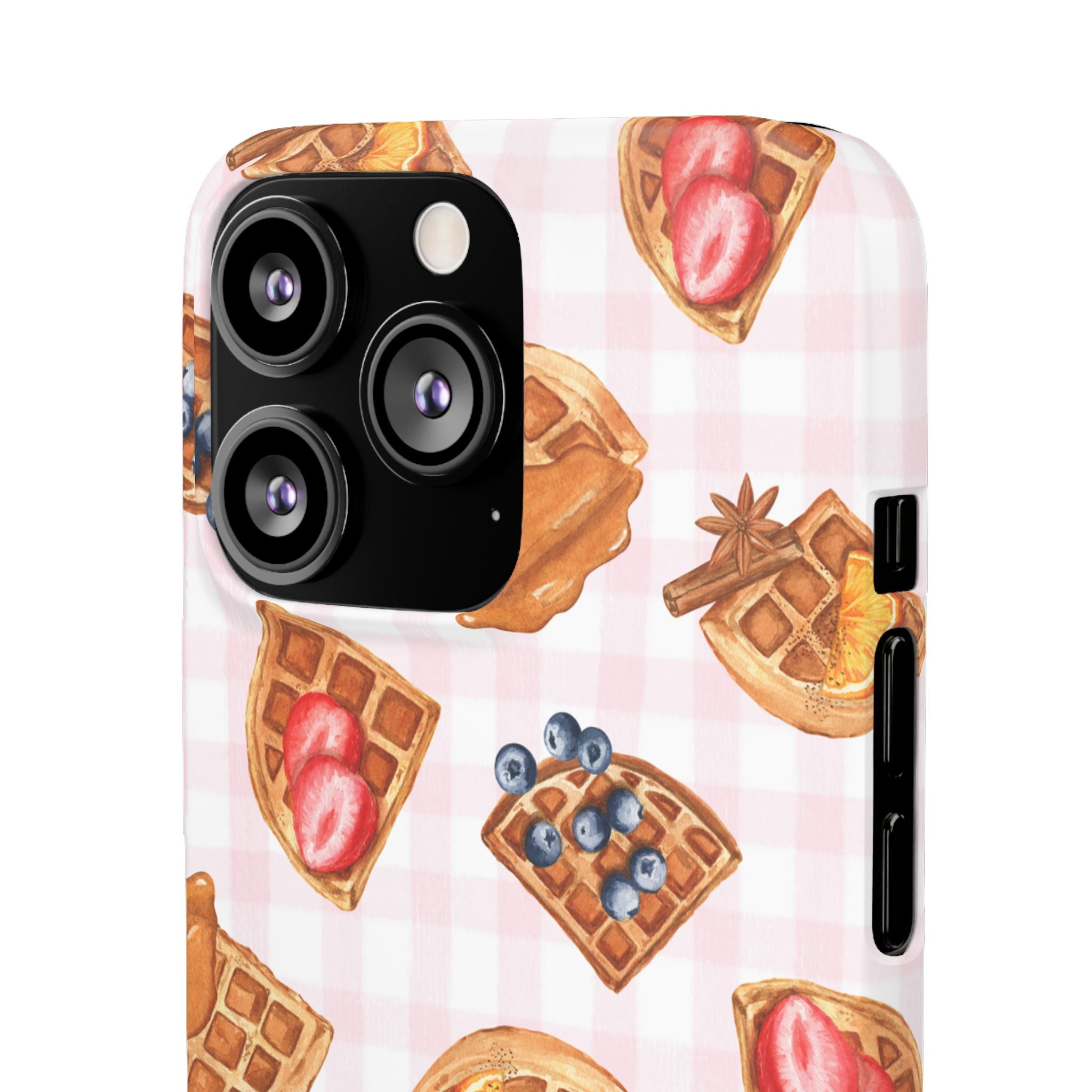 Waffle Picnic Phone Case — Cute Strawberry & Blueberry Waffles on Pink Gingham Snap Case