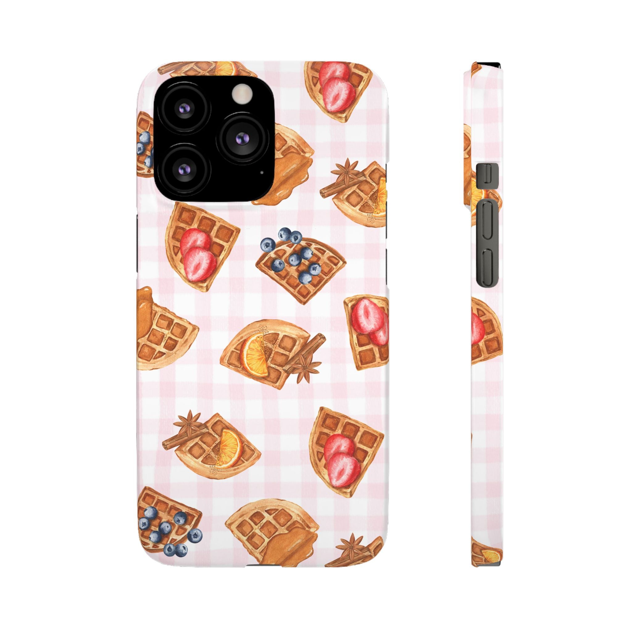 Waffle Picnic Phone Case — Cute Strawberry & Blueberry Waffles on Pink Gingham Snap Case