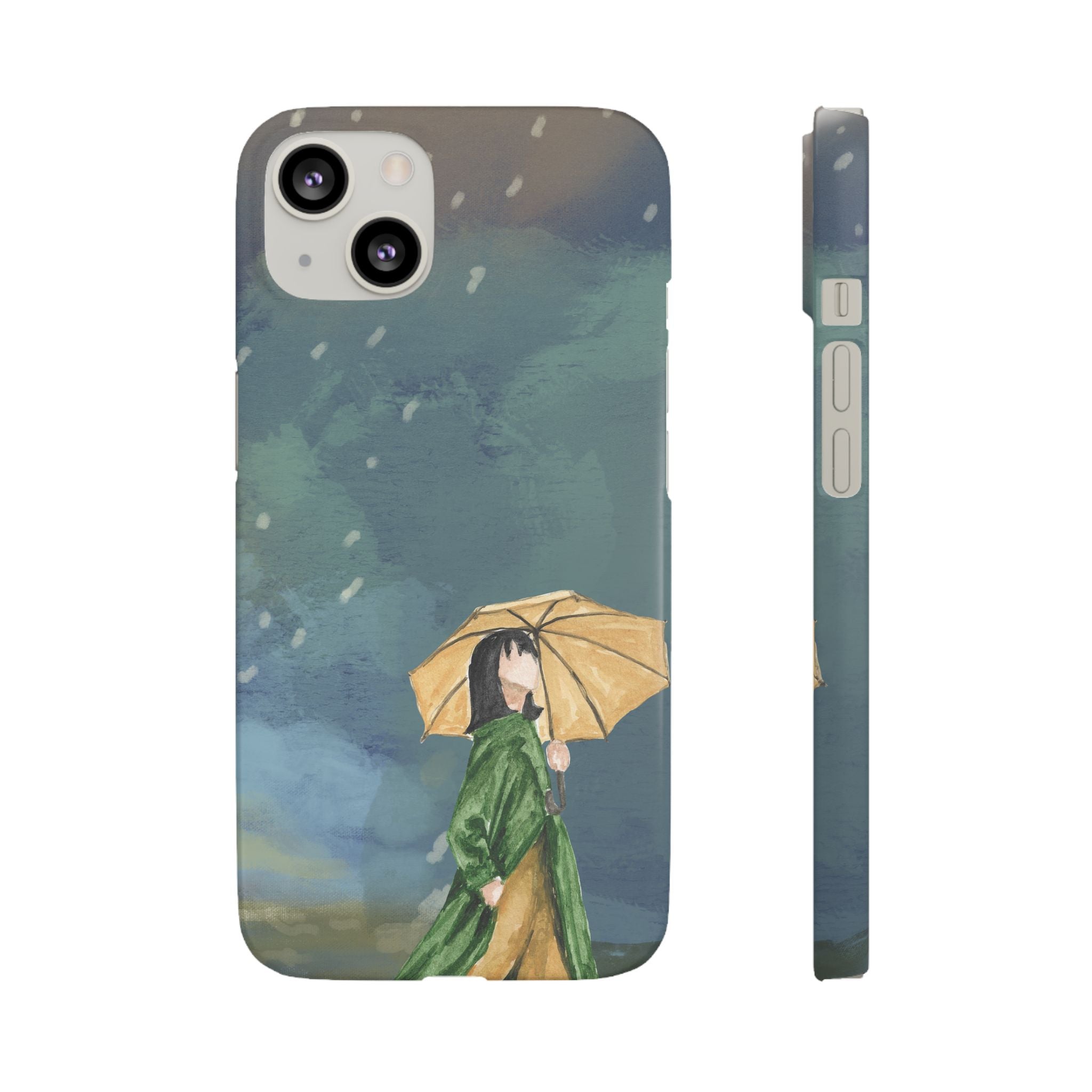 Artistic Rainfall Phone Case – Woman with Umbrella Design