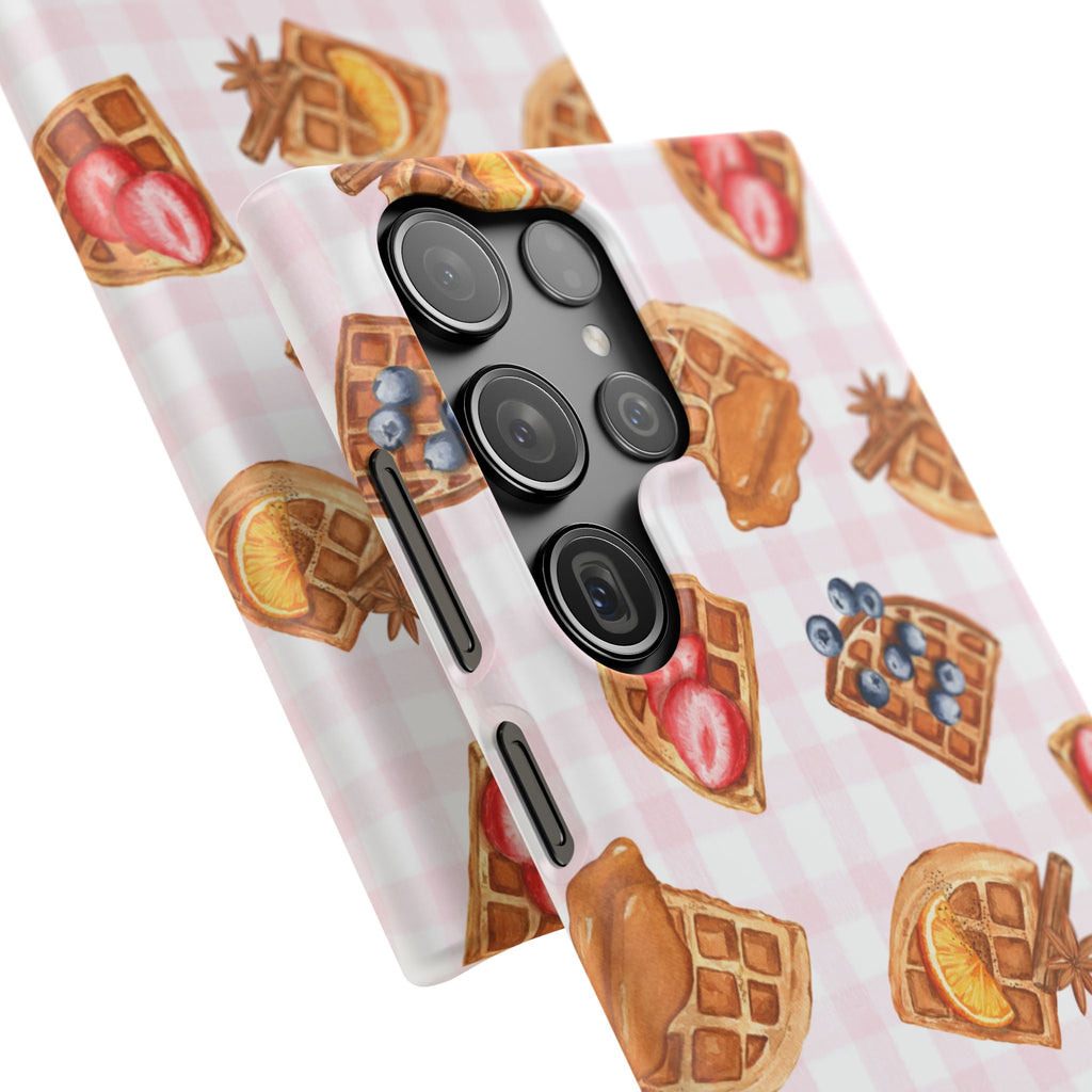 Waffle Picnic Phone Case — Cute Strawberry & Blueberry Waffles on Pink Gingham Snap Case