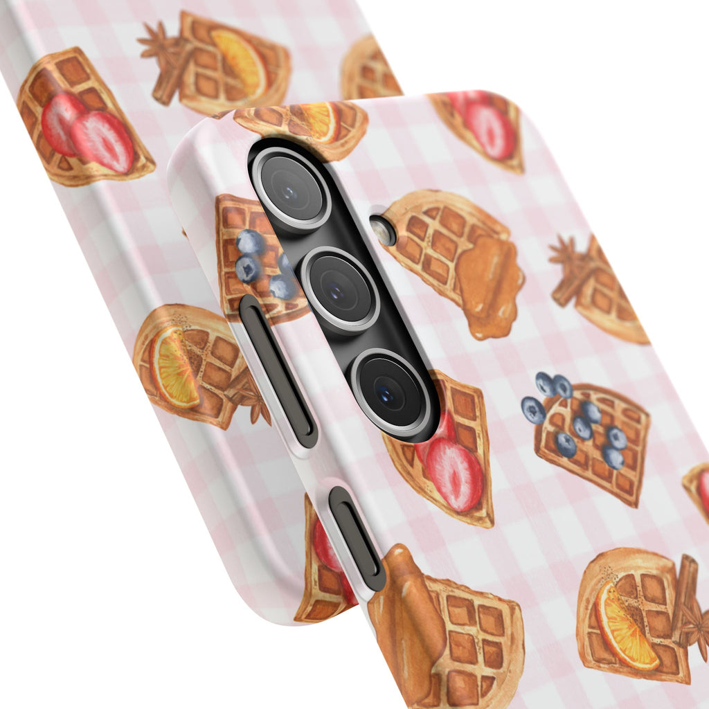 Waffle Picnic Phone Case — Cute Strawberry & Blueberry Waffles on Pink Gingham Snap Case