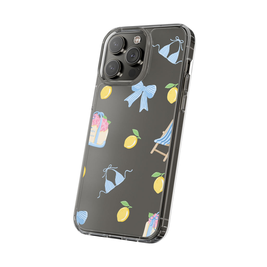 Clear Phone Case — Summer Lemon & Bow Pattern (bikini, beach chair, cake)