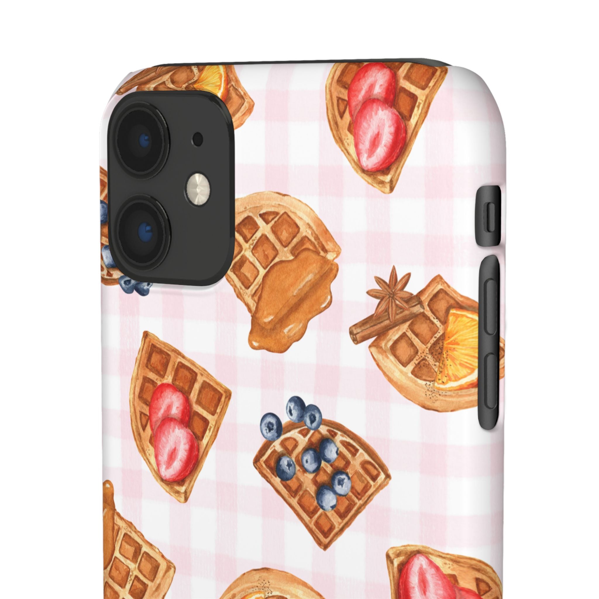 Waffle Picnic Phone Case — Cute Strawberry & Blueberry Waffles on Pink Gingham Snap Case