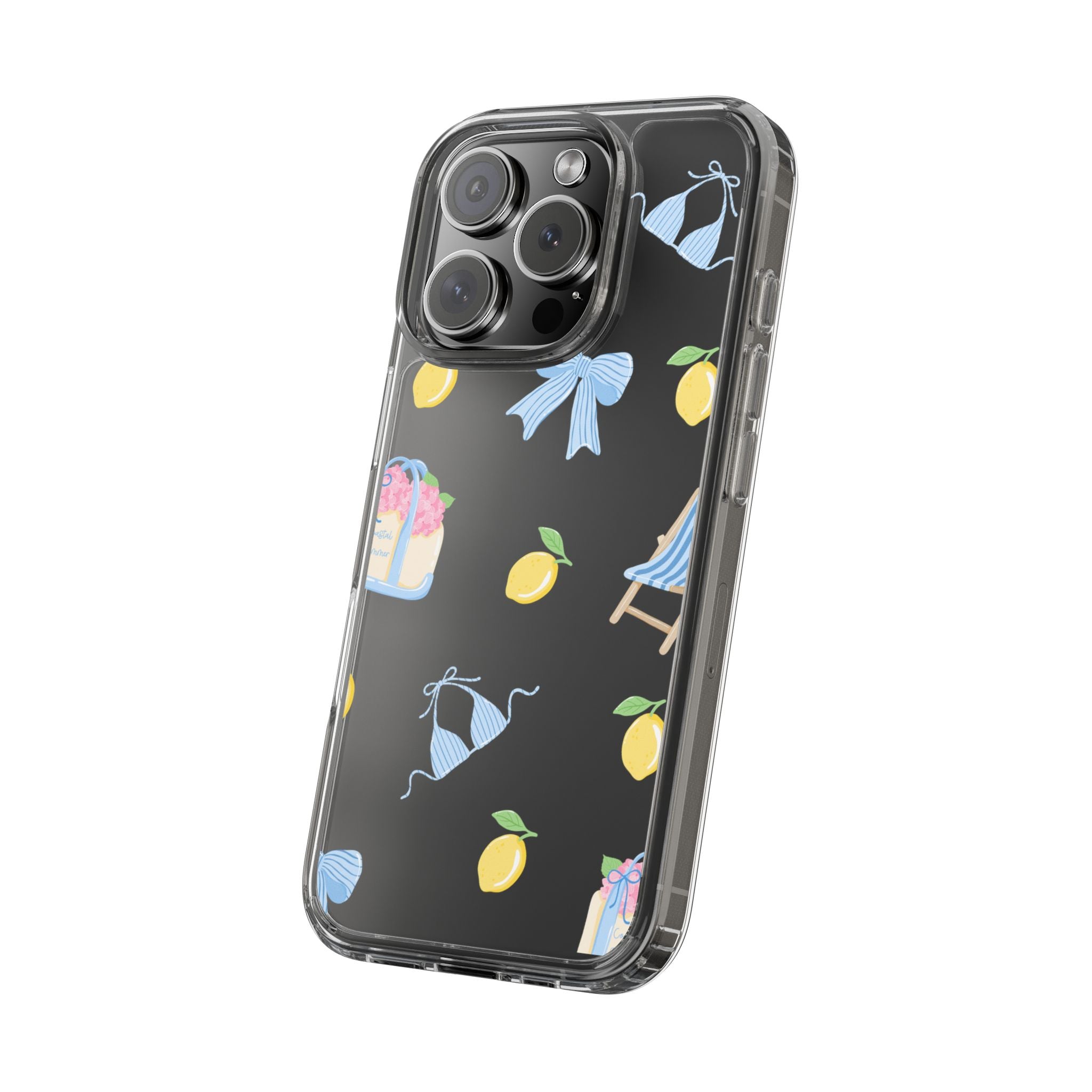 Clear Phone Case — Summer Lemon & Bow Pattern (bikini, beach chair, cake)