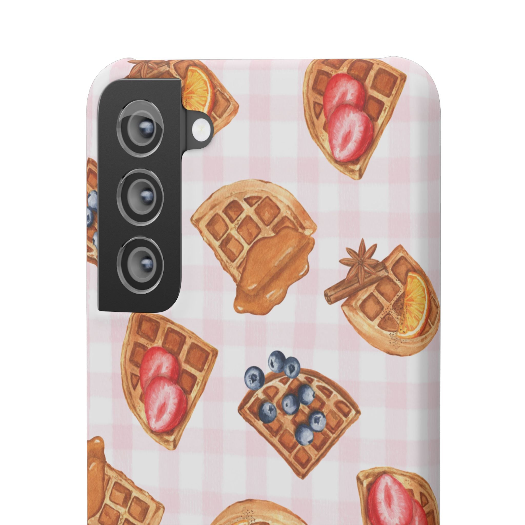 Waffle Picnic Phone Case — Cute Strawberry & Blueberry Waffles on Pink Gingham Snap Case