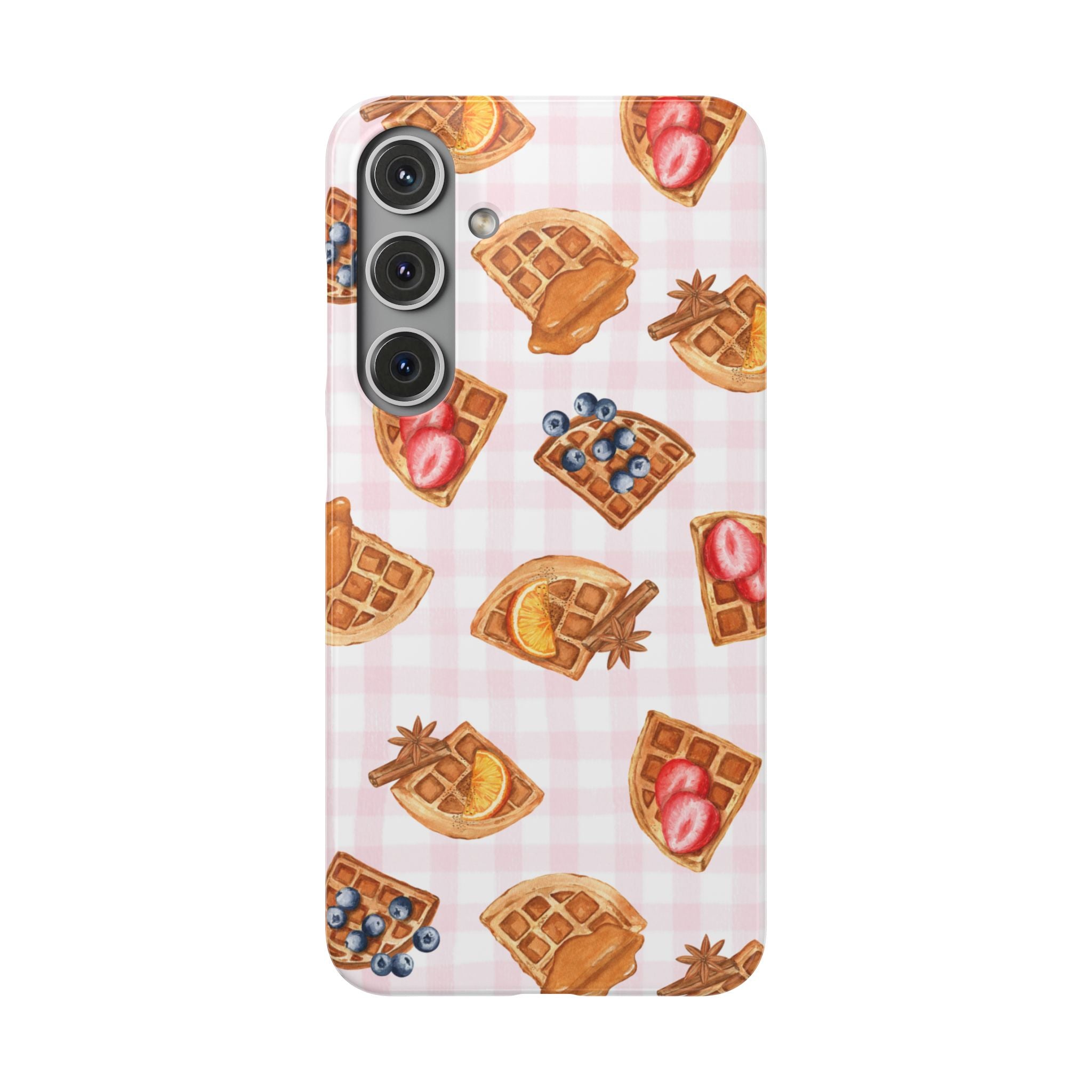 Waffle Picnic Phone Case — Cute Strawberry & Blueberry Waffles on Pink Gingham Snap Case