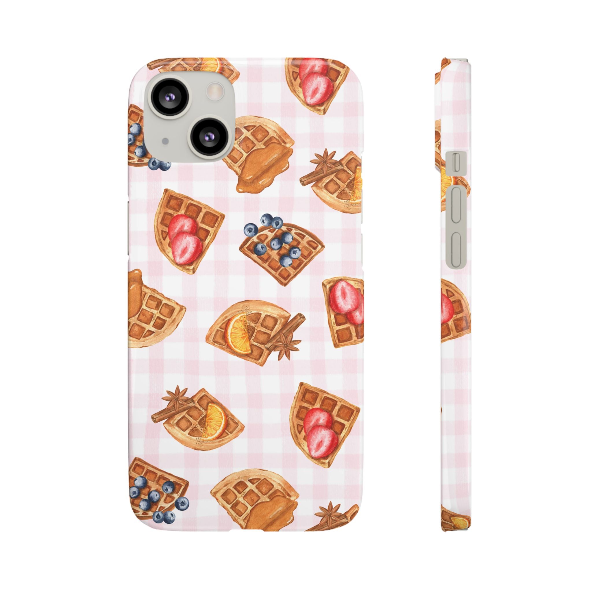 Waffle Picnic Phone Case — Cute Strawberry & Blueberry Waffles on Pink Gingham Snap Case
