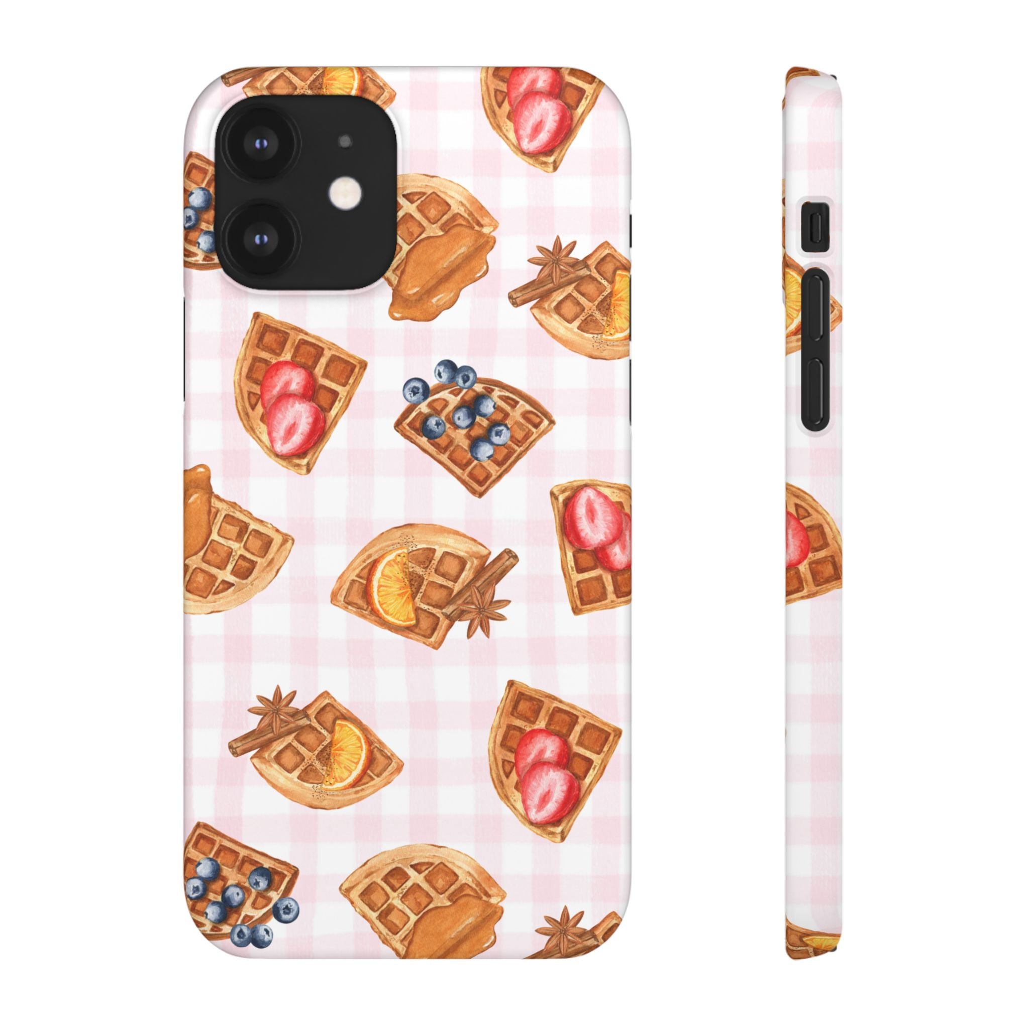 Waffle Picnic Phone Case — Cute Strawberry & Blueberry Waffles on Pink Gingham Snap Case