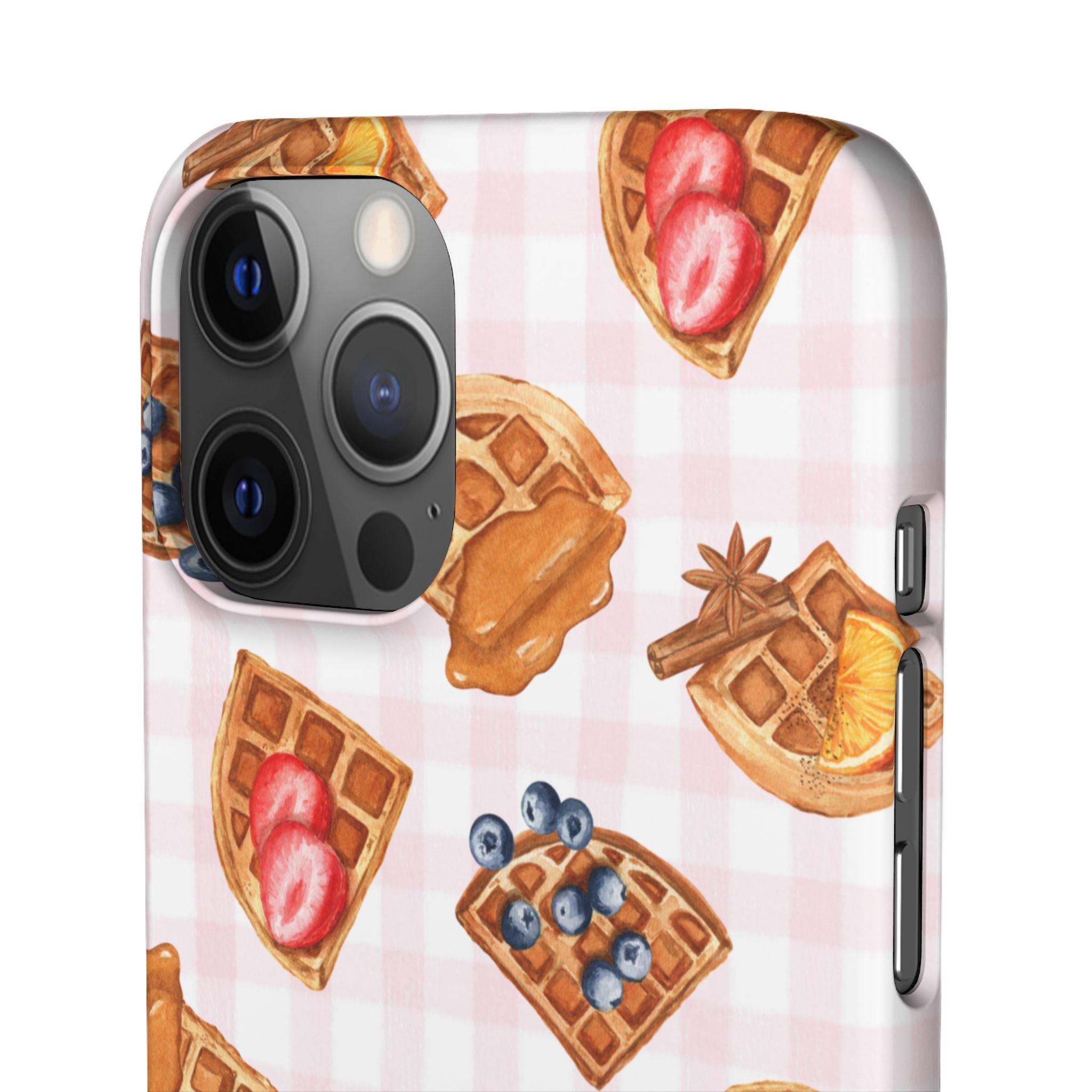 Waffle Picnic Phone Case — Cute Strawberry & Blueberry Waffles on Pink Gingham Snap Case