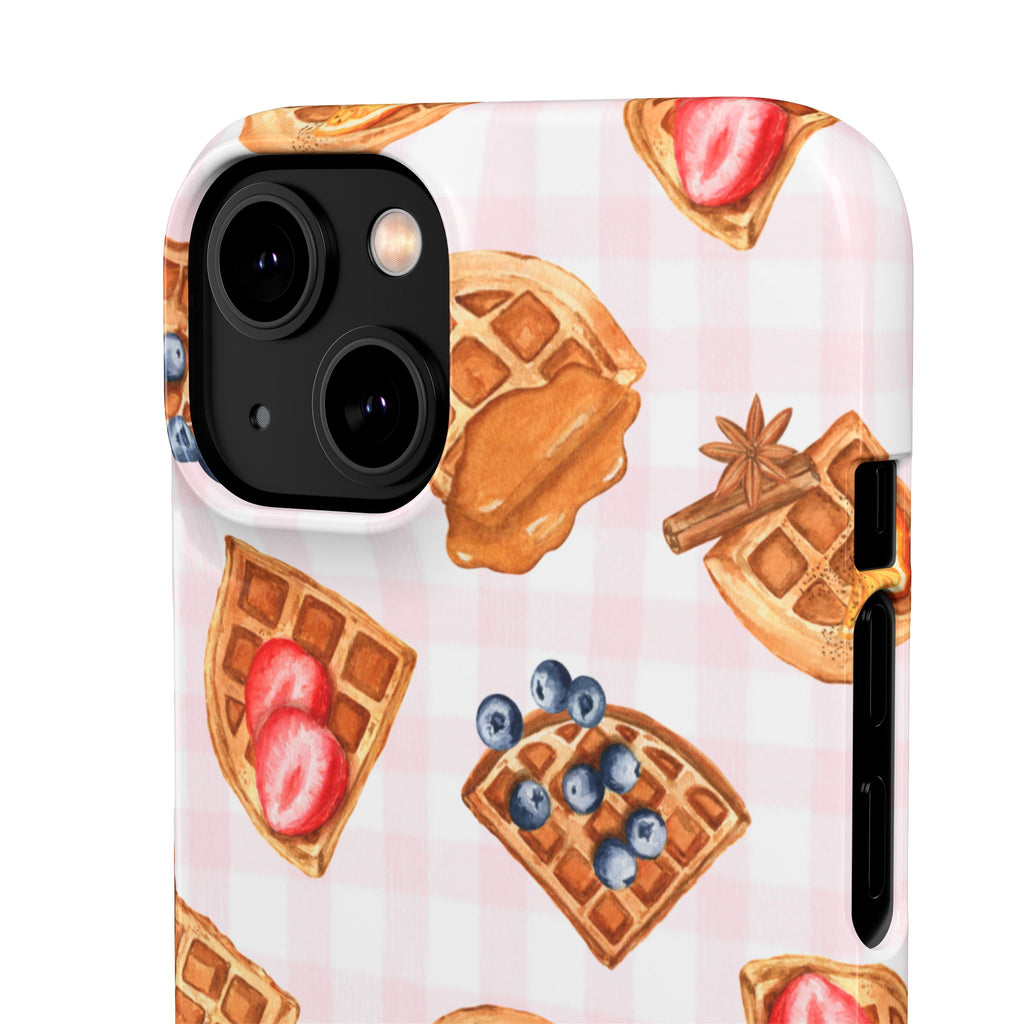 Waffle Picnic Phone Case — Cute Strawberry & Blueberry Waffles on Pink Gingham Snap Case