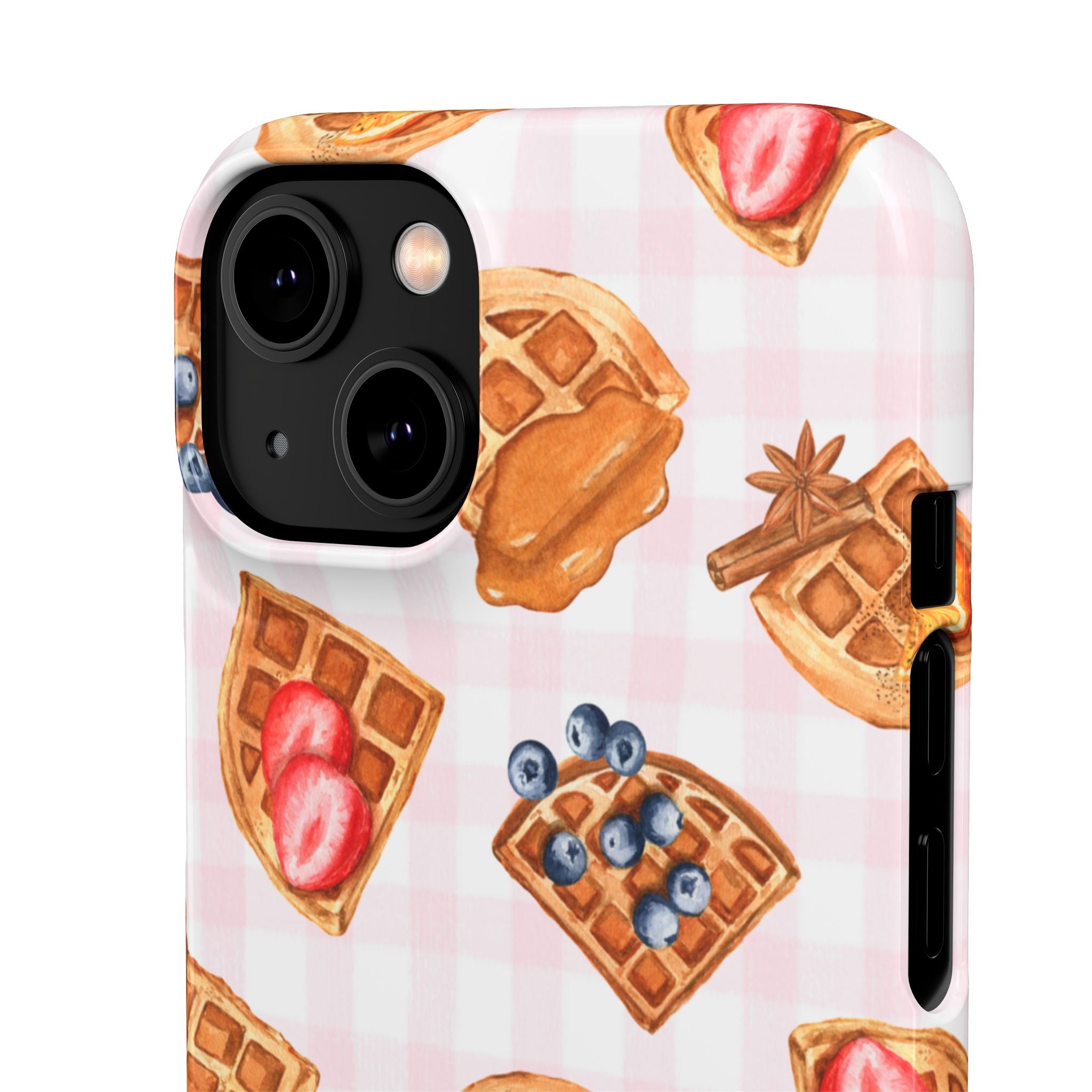 Waffle Picnic Phone Case — Cute Strawberry & Blueberry Waffles on Pink Gingham Snap Case