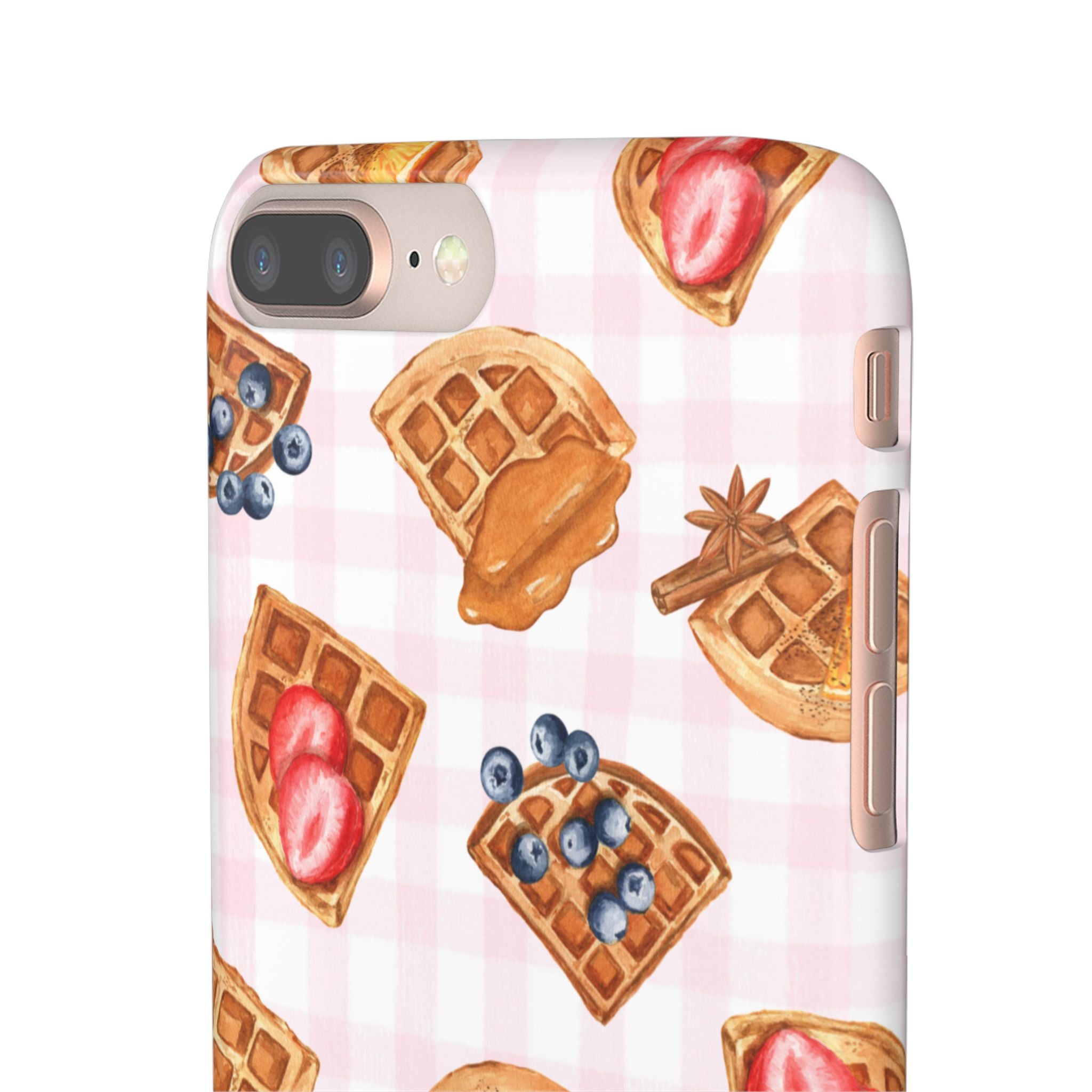 Waffle Picnic Phone Case — Cute Strawberry & Blueberry Waffles on Pink Gingham Snap Case