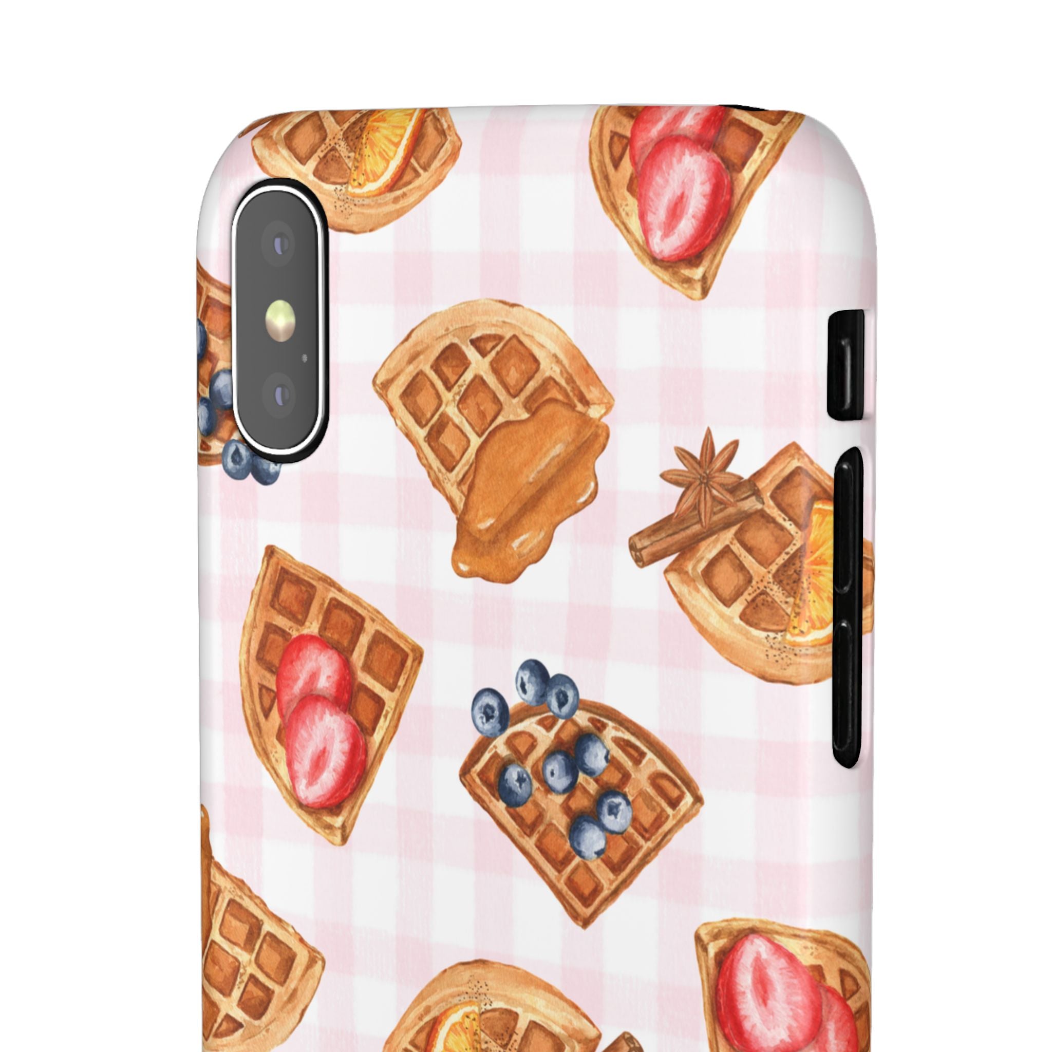 Waffle Picnic Phone Case — Cute Strawberry & Blueberry Waffles on Pink Gingham Snap Case