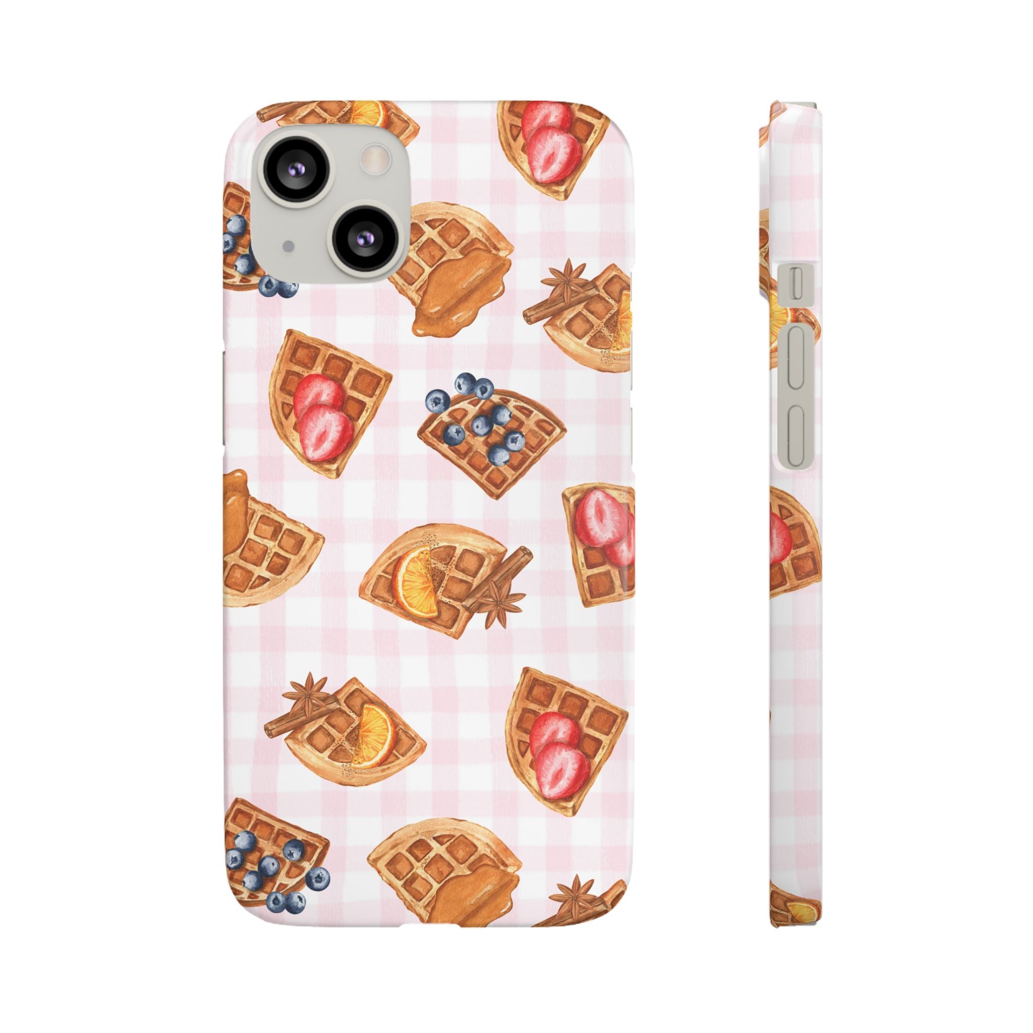 Waffle Picnic Phone Case — Cute Strawberry & Blueberry Waffles on Pink Gingham Snap Case