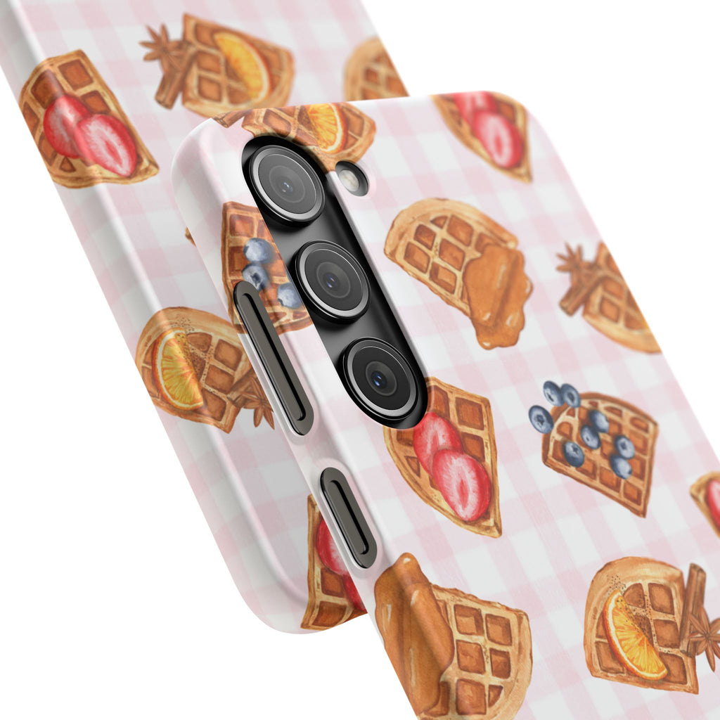 Waffle Picnic Phone Case — Cute Strawberry & Blueberry Waffles on Pink Gingham Snap Case