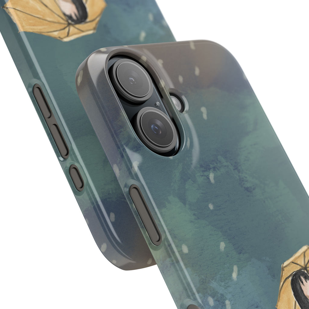 Artistic Rainfall Phone Case – Woman with Umbrella Design
