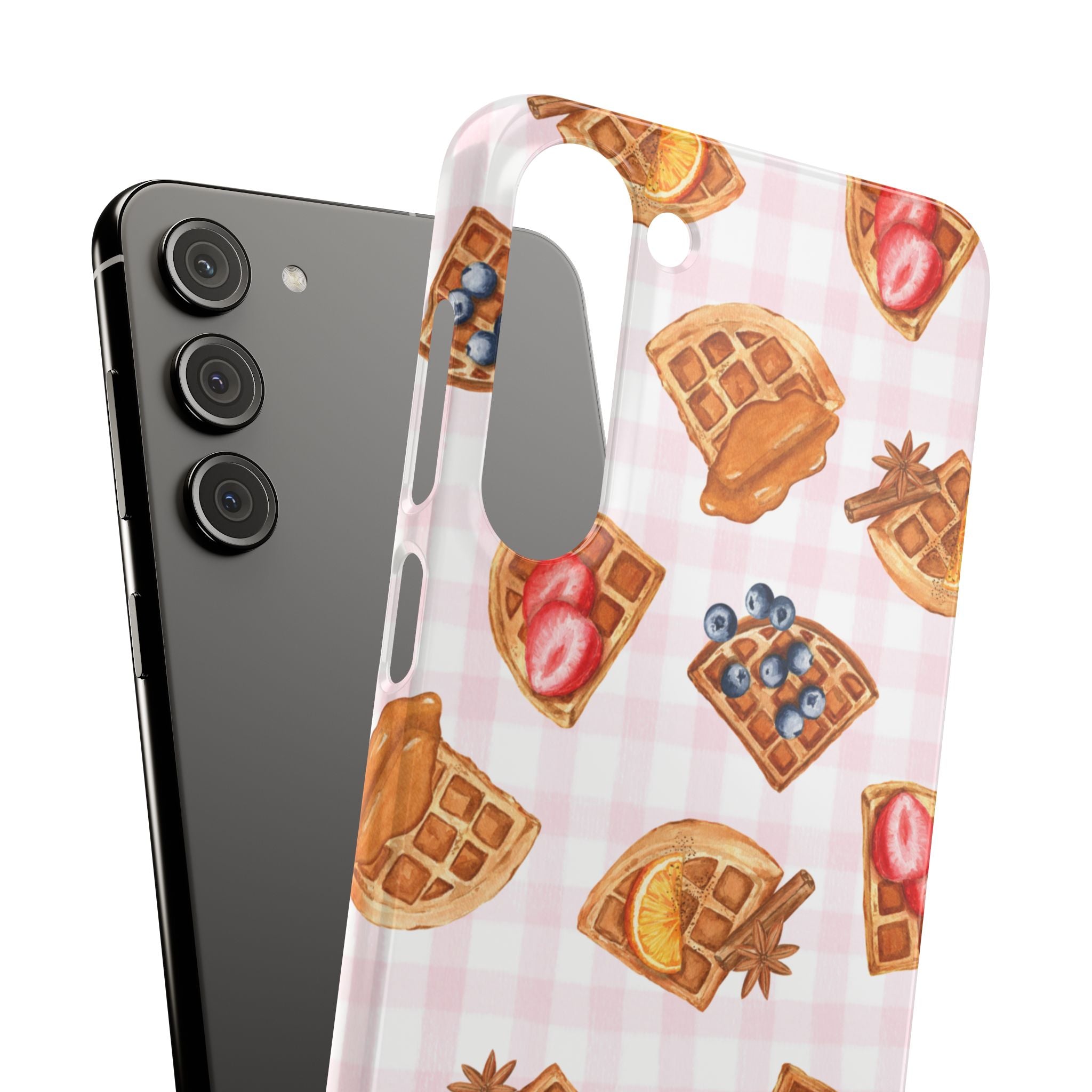 Waffle Picnic Phone Case — Cute Strawberry & Blueberry Waffles on Pink Gingham Snap Case