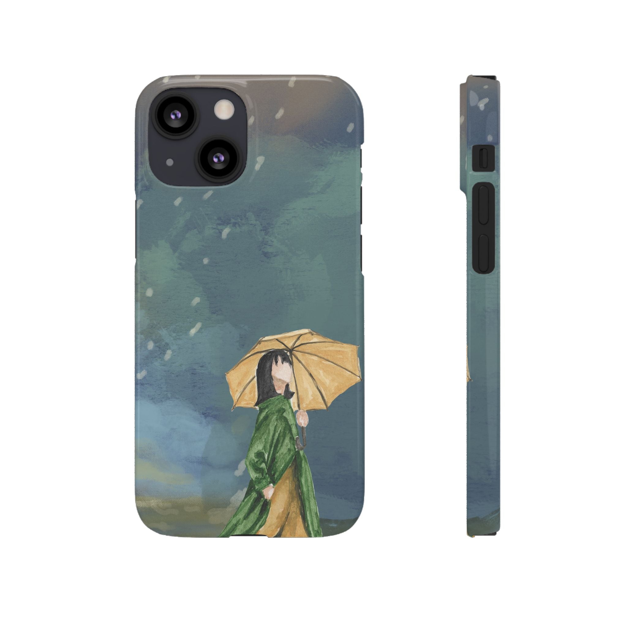 Artistic Rainfall Phone Case – Woman with Umbrella Design