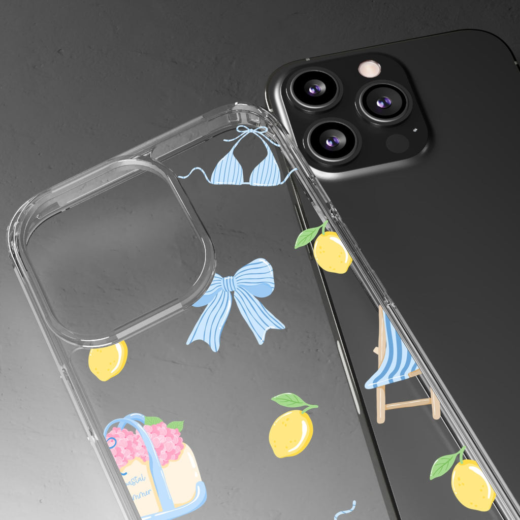 Clear Phone Case — Summer Lemon & Bow Pattern (bikini, beach chair, cake)