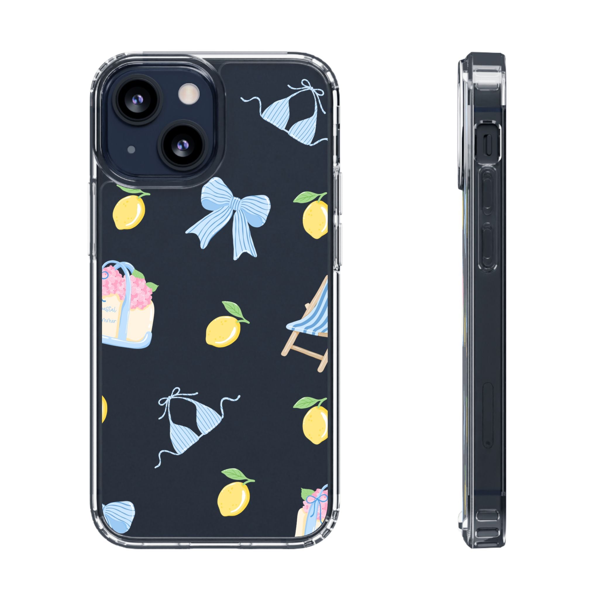 Clear Phone Case — Summer Lemon & Bow Pattern (bikini, beach chair, cake)