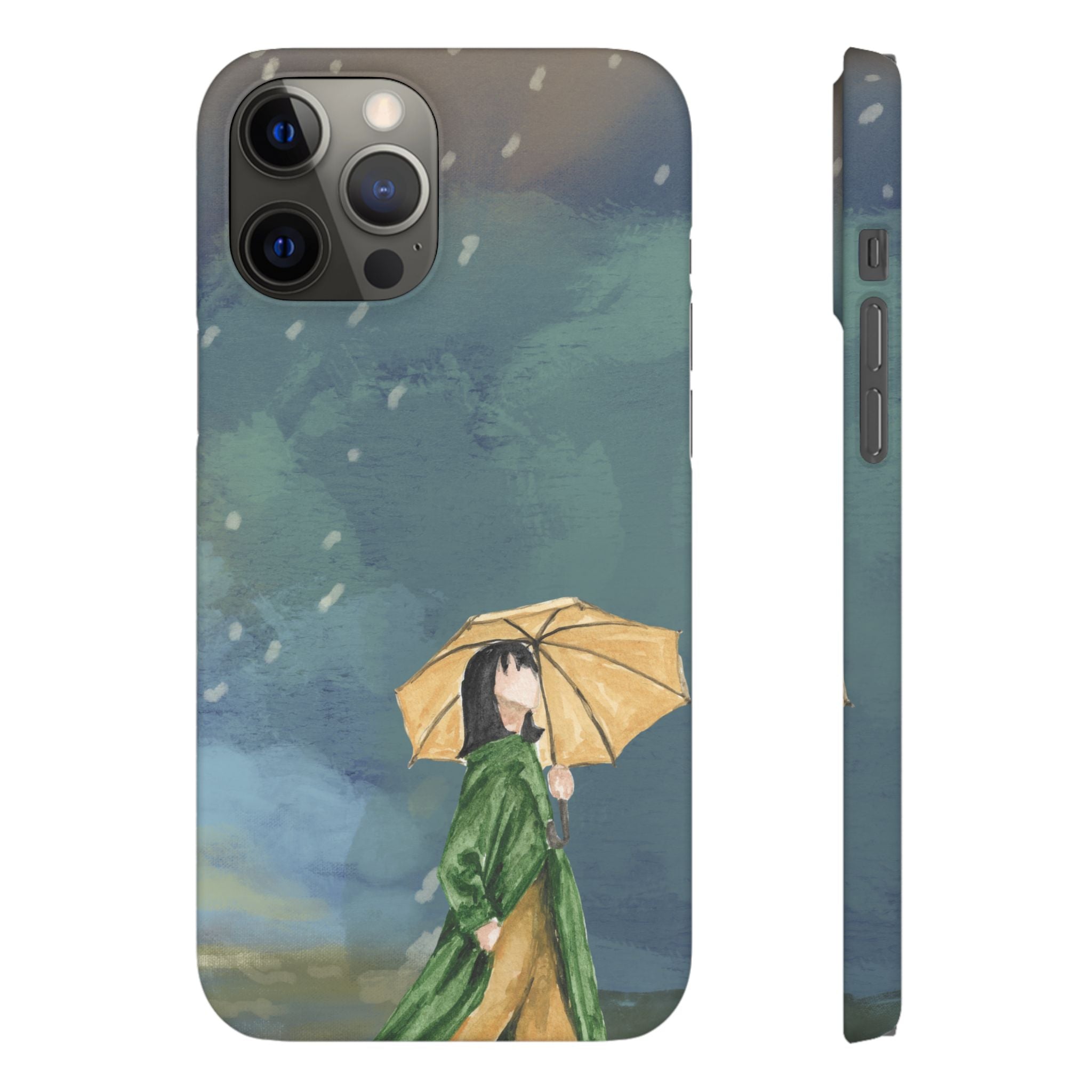 Artistic Rainfall Phone Case – Woman with Umbrella Design
